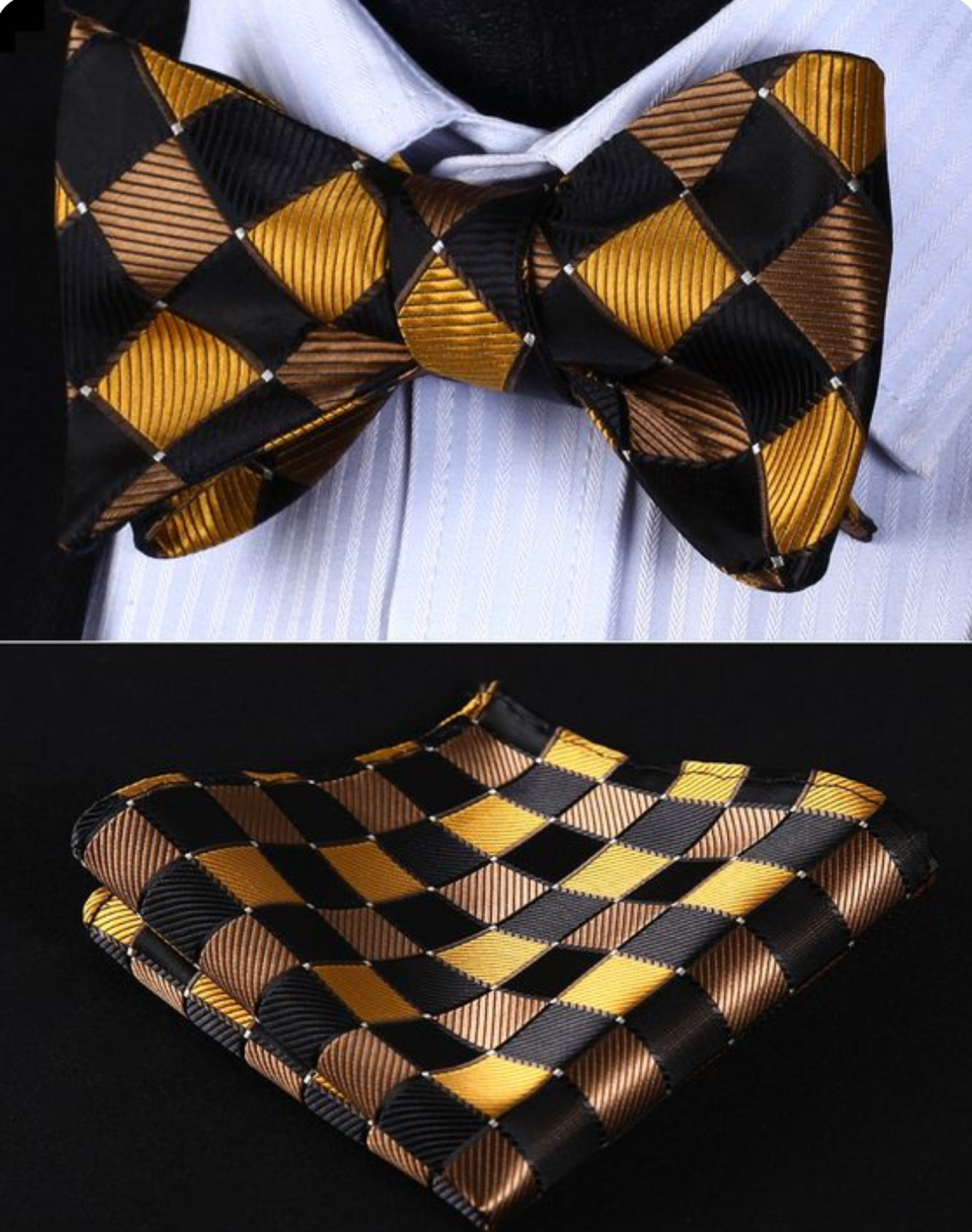 Main View: Brown, Gold, Black Geometric Bow Tie and Pocket Square