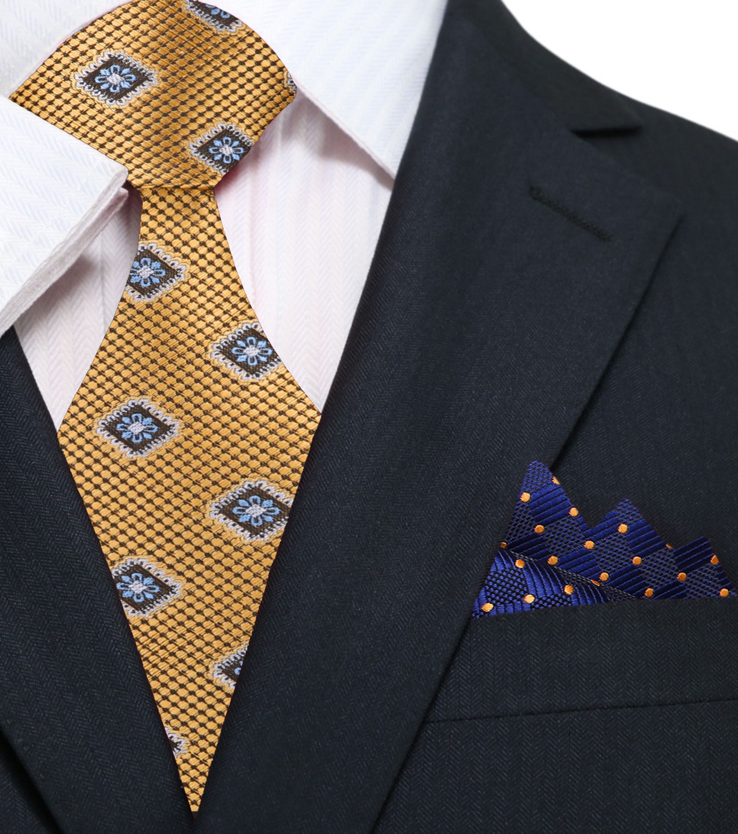 Gold Medallions Necktie and Accenting Blue and Gold Square