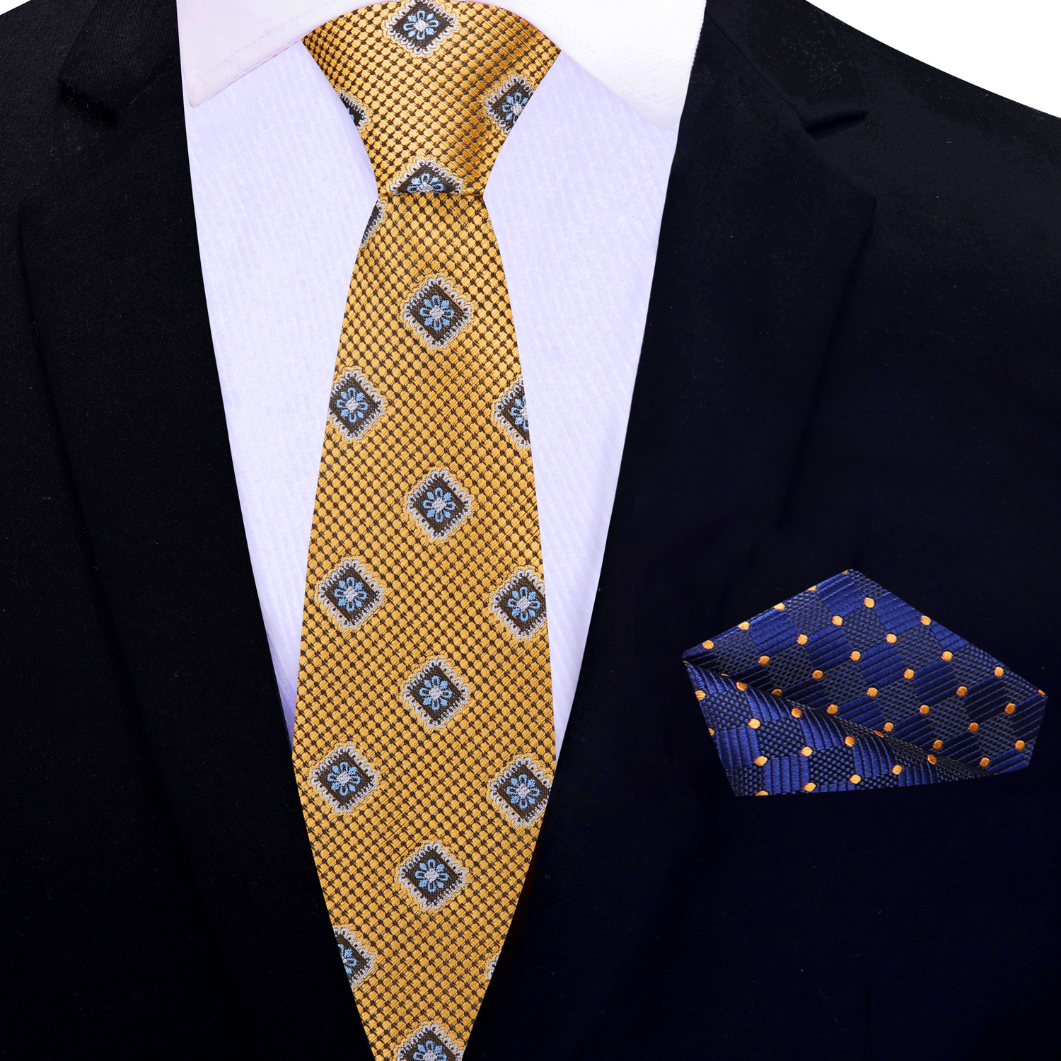 Thin: Gold Medallions Necktie and Accenting Blue and Gold Square