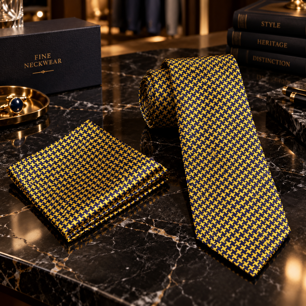Gold Blue Hounds Tooth Tie and Square