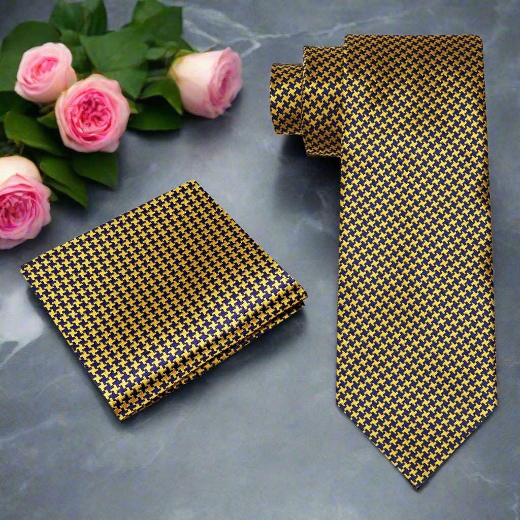 Alt Gold and Blue Hounds Tooth Necktie and Square