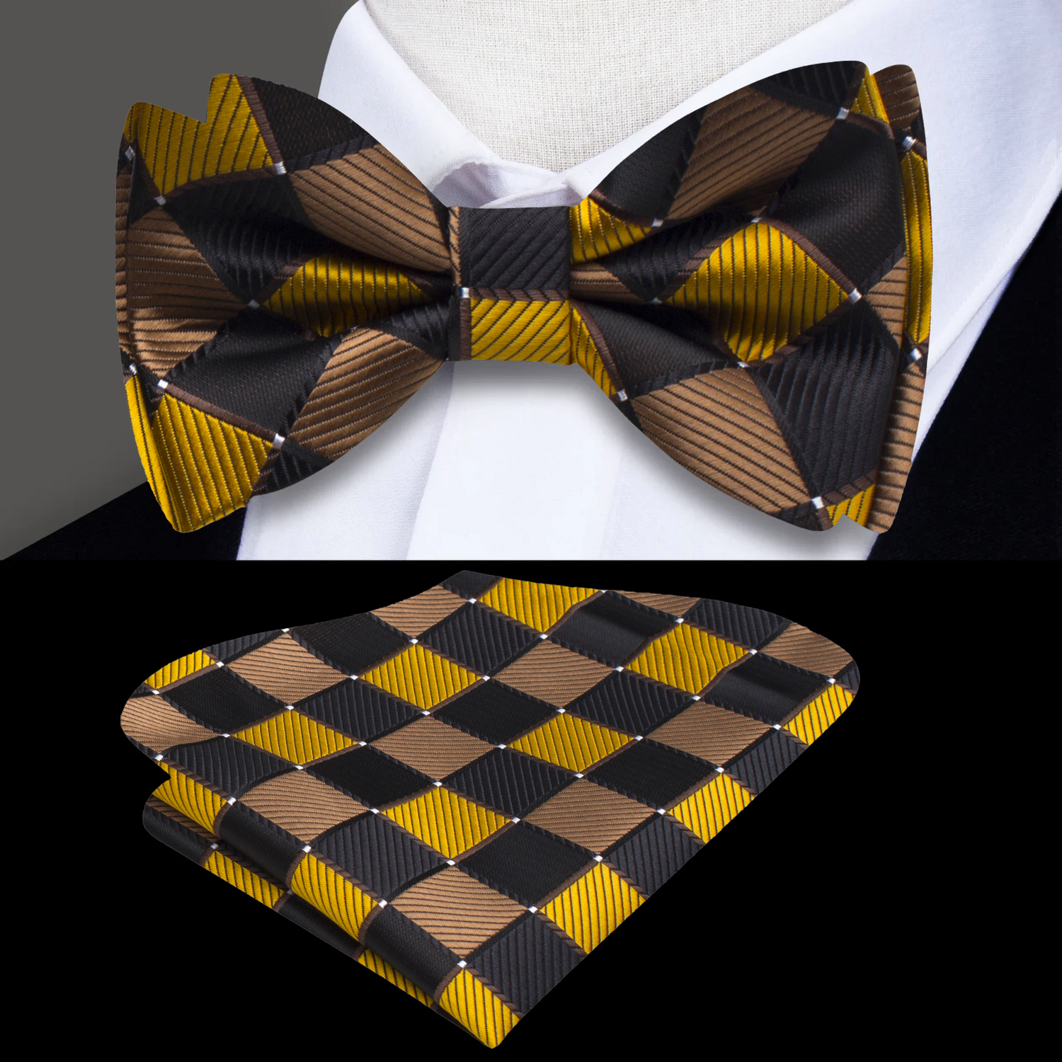 Brown, Gold Diamonds Bow Tie and Matching Square