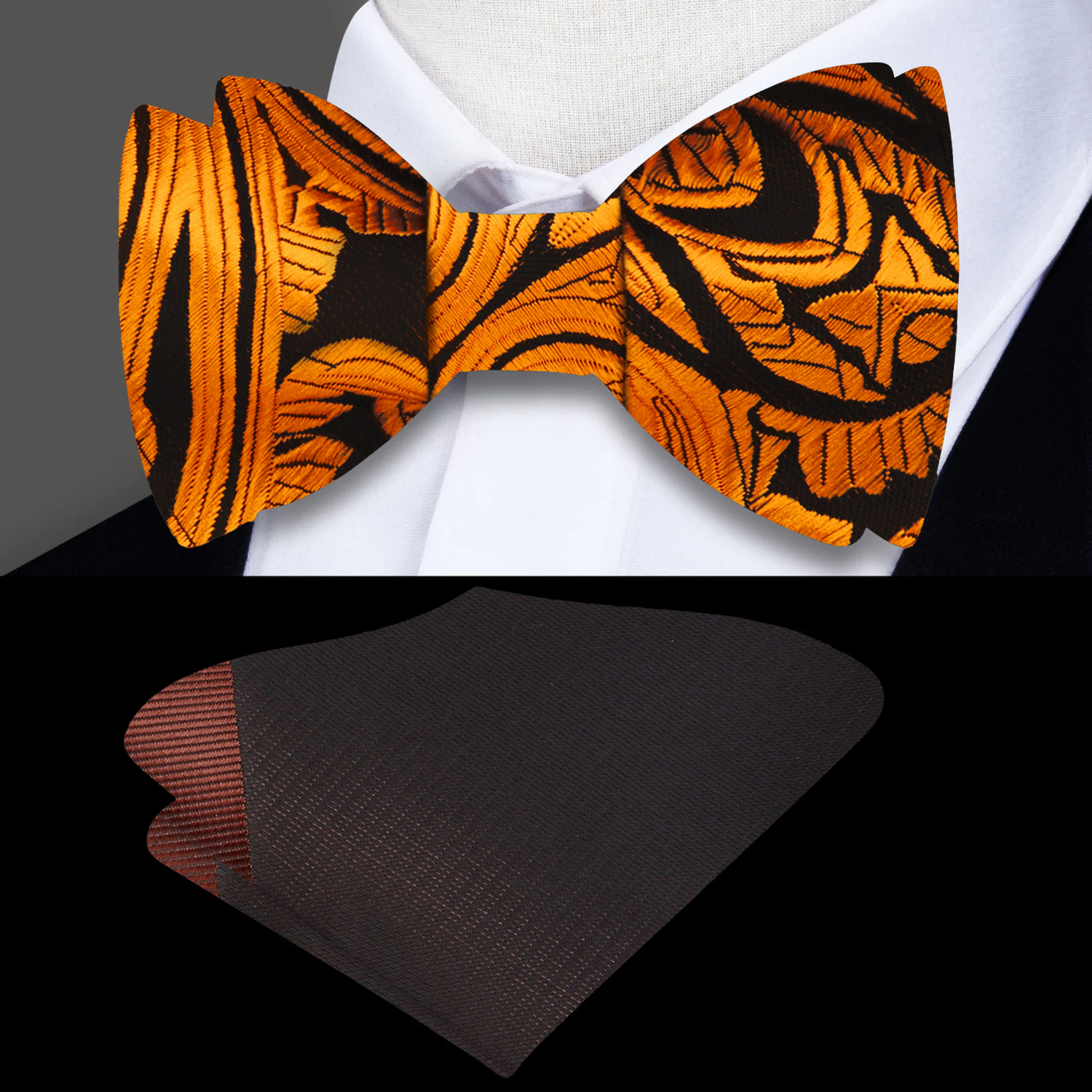 A Inca Gold, Rich Brown Elaborate Floral On Edge of Paisley Pattern Silk Self Tie Bow Tie, Accenting Pocket Square