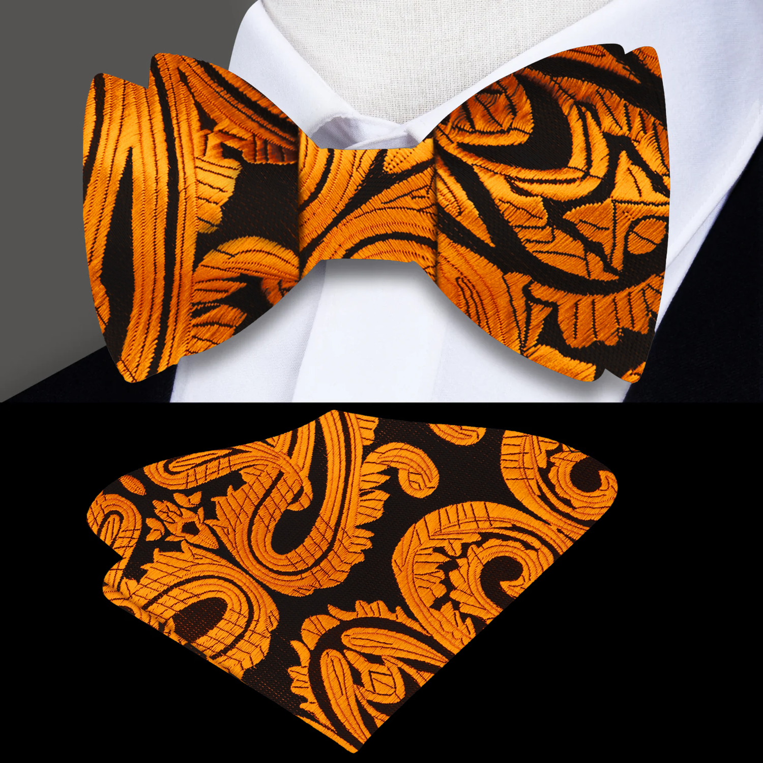 A Inca Gold, Rich Brown Elaborate Floral On Edge of Paisley Pattern Silk Self Tie Bow Tie, Matching Pocket Square