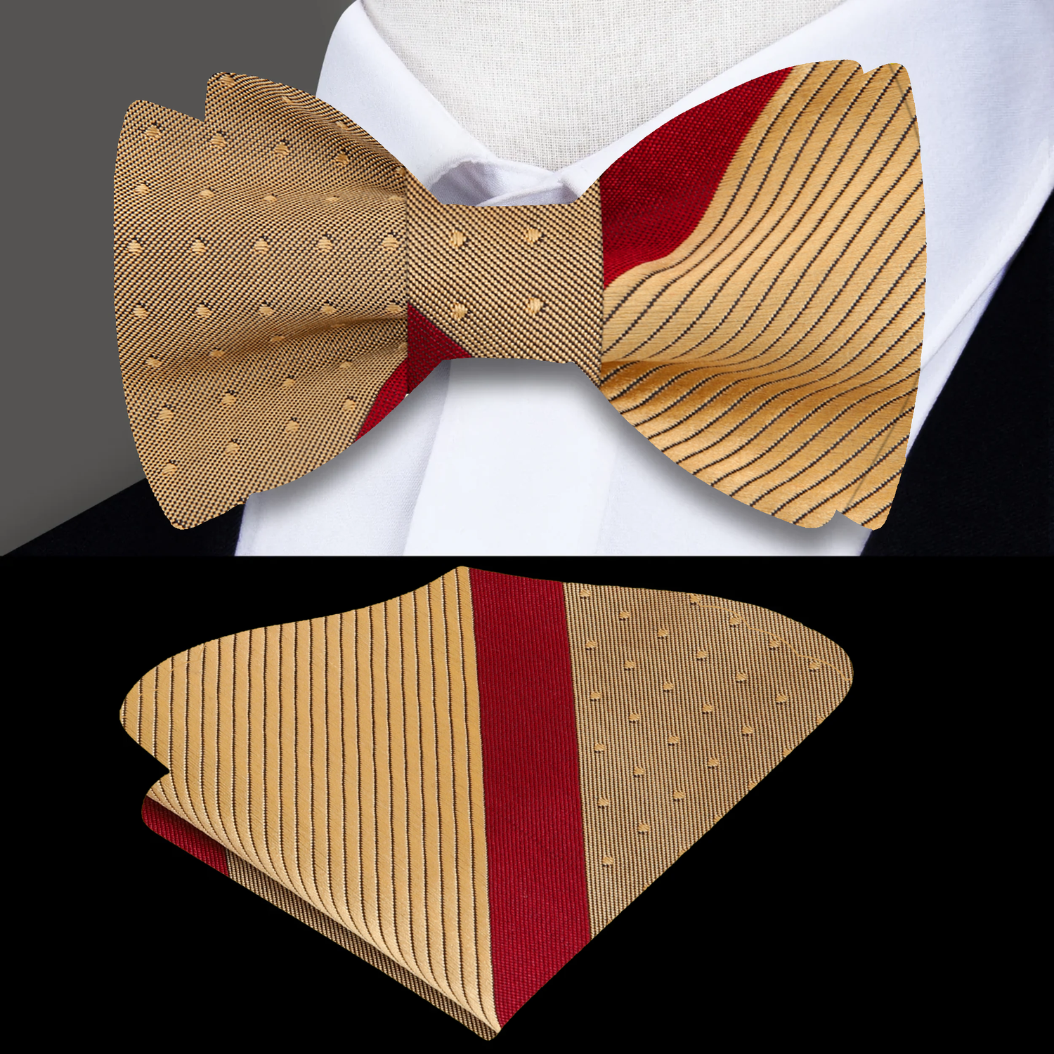Main: Gold and Burgundy Stripe Bow Tie and Pocket Square