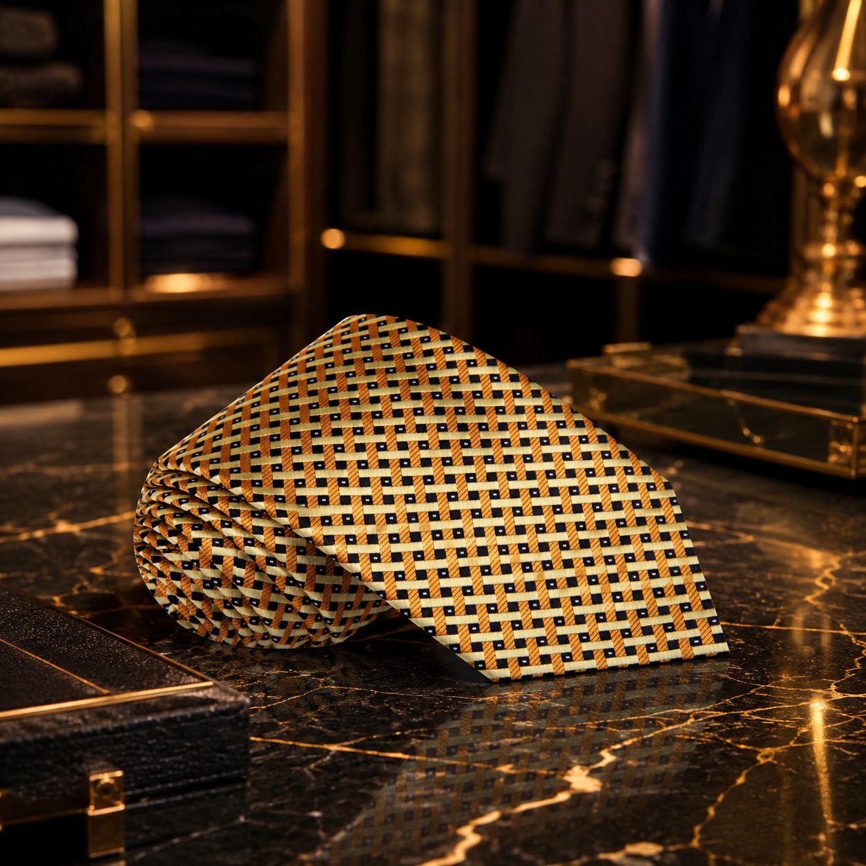 A rolled necktie with a gold, black, and beige geometric grid pattern, displayed on a polished black marble surface in a luxury setting.