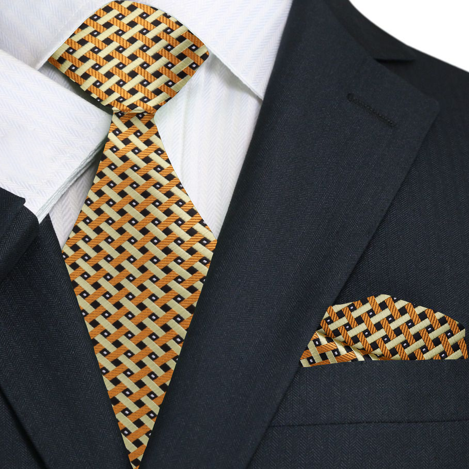 Gold, Black Geometric Tie and Pocket Square 