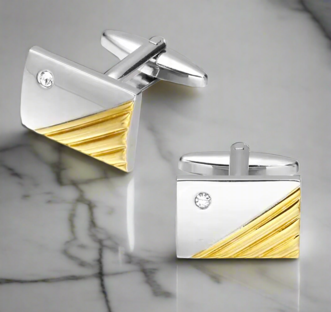 Premium A Gold, Chrome Rectangle Shaped Cuff-links with Small Gemstones