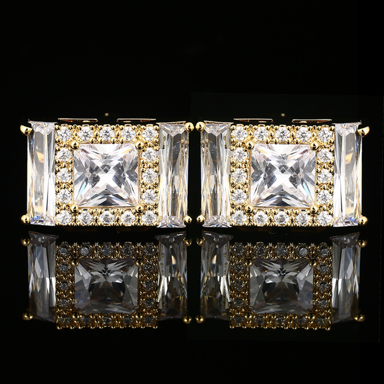 Gold Color Rectangle Cufflinks with Clear Stones