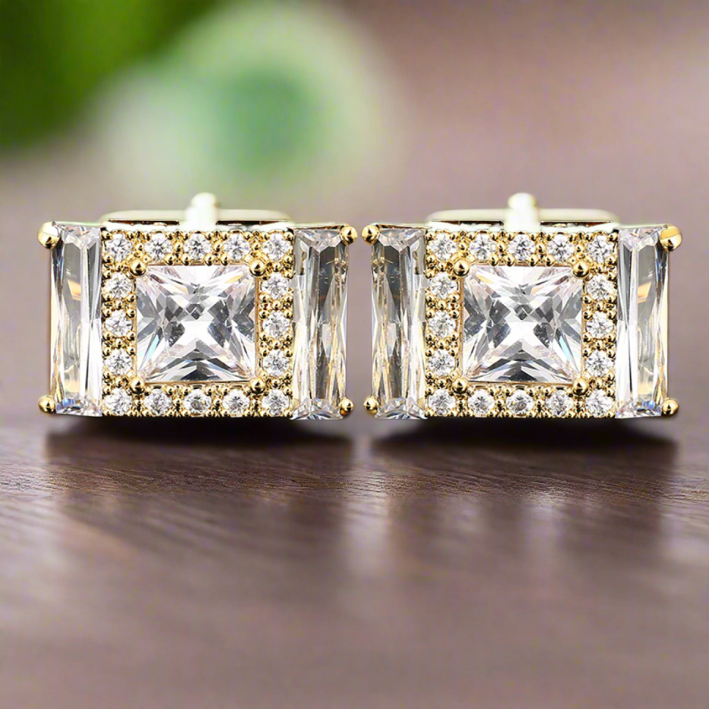 Main Gold Color Rectangle Cufflinks with Clear Stones