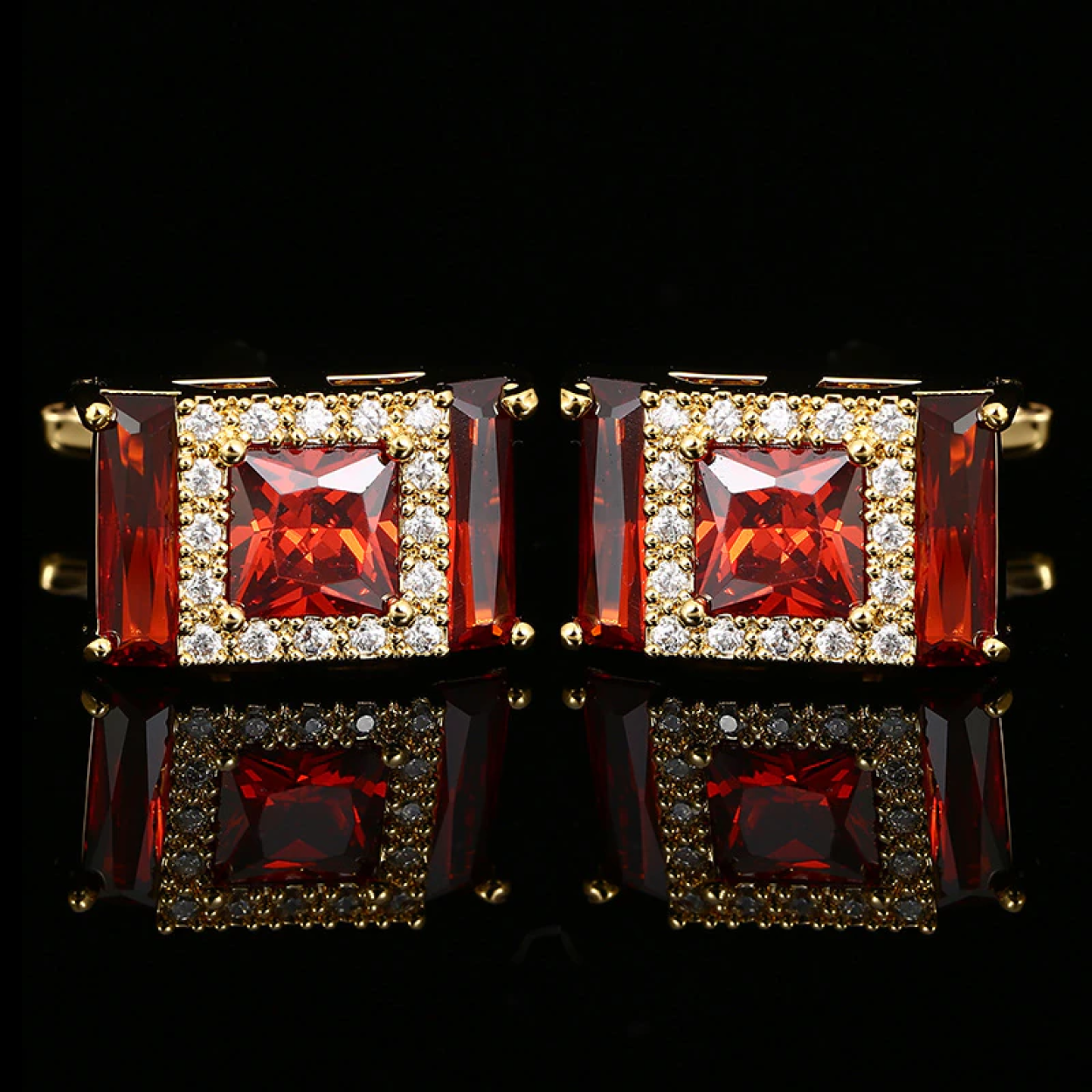 Gold Color Rectangle Cufflinks with Red Stones
