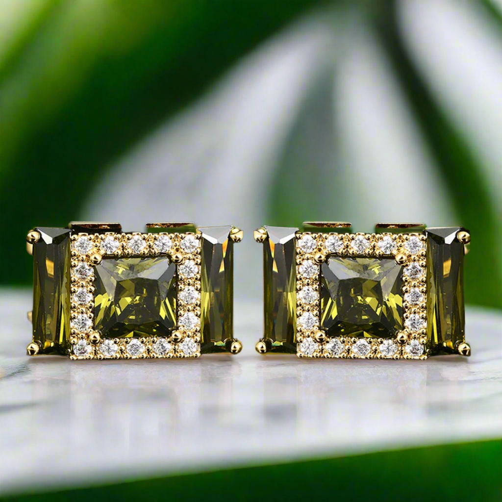 Main Gold Color Rectangle Cufflinks with Yellow Green Stones