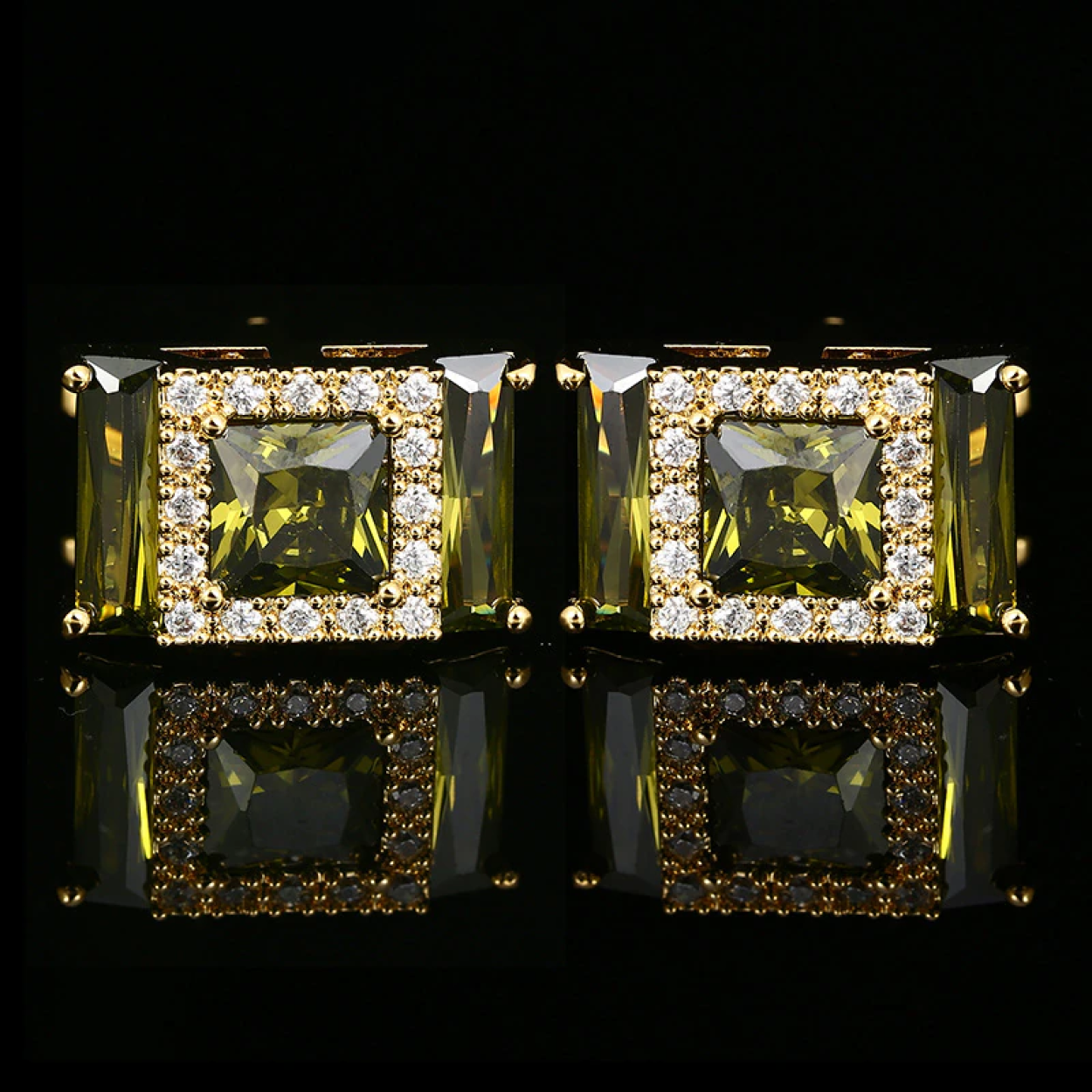 Gold Color Rectangle Cufflinks with Yellow Green Stones