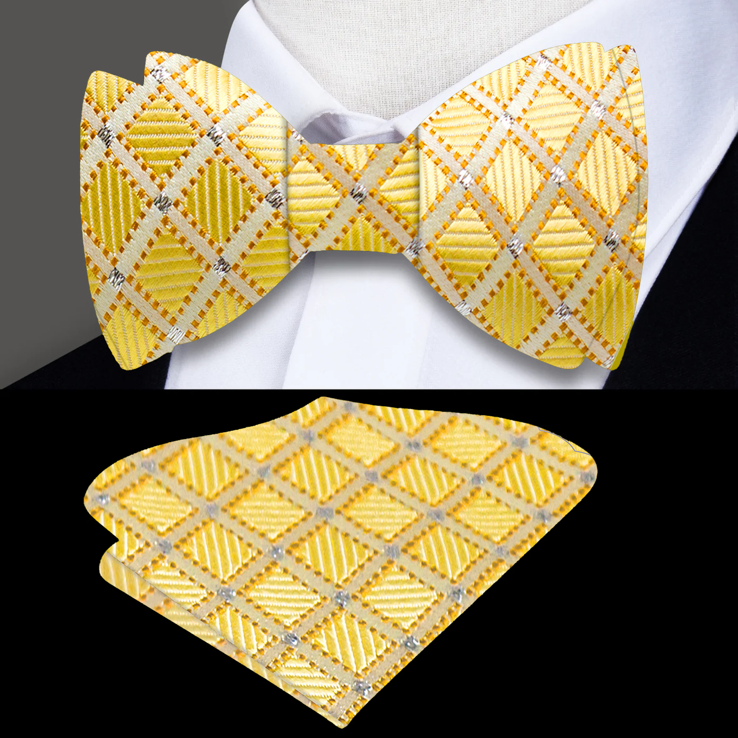 Main: A Gold, With Diamond Looking Checks Geometric Diamonds Pattern Silk Self Tie Bow Tie, Matching Pocket Square
