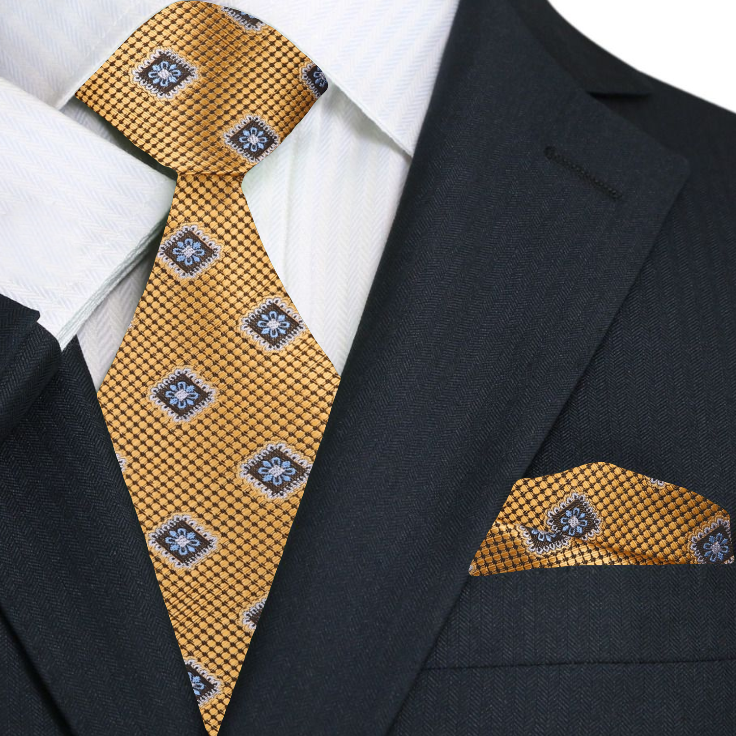 Premium Gold Geometric Medallion Tie and Pocket Square