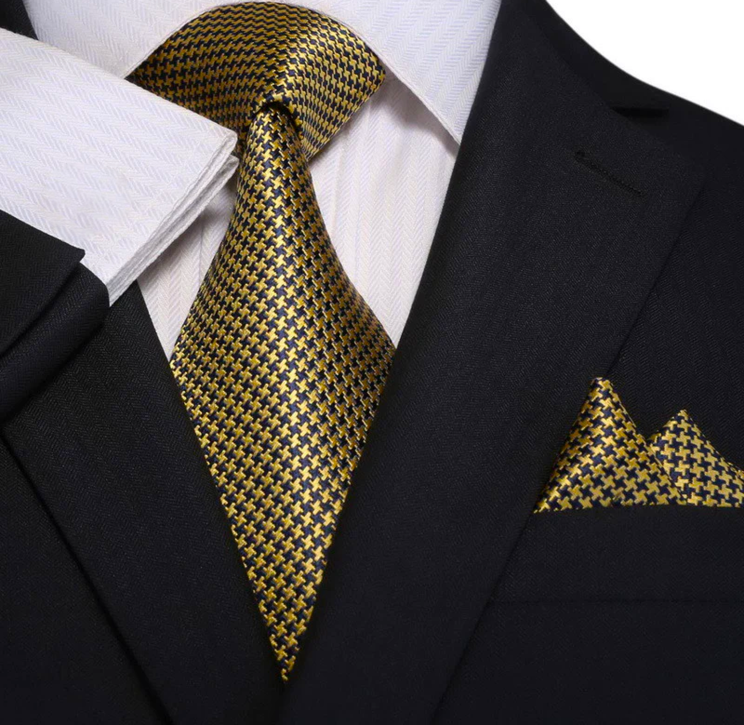 Main: Gold, Blue Hounds Tooth Tie and Pocket Square||Gold/Blue