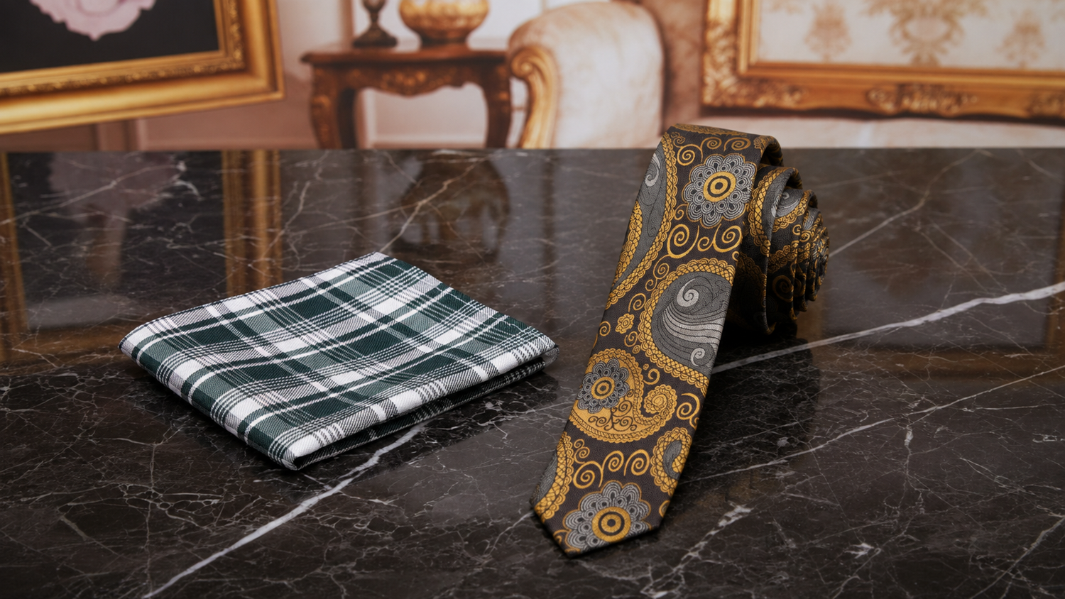 A men's necktie and matching pocket square set displayed on a polished black marble surface. The tie features a gold, gray, and black paisley pattern, while the matching pocket square has a green, white, and gray plaid design.