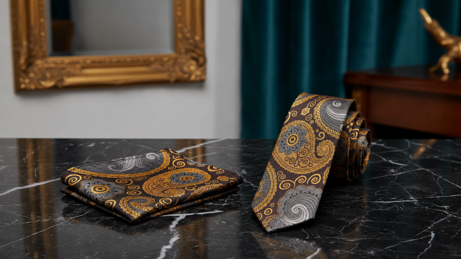 A matching necktie and pocket square set with an ornate paisley pattern in gold, gray, and black, displayed on a black marble surface with a dark teal curtain and gold mirror in the background.