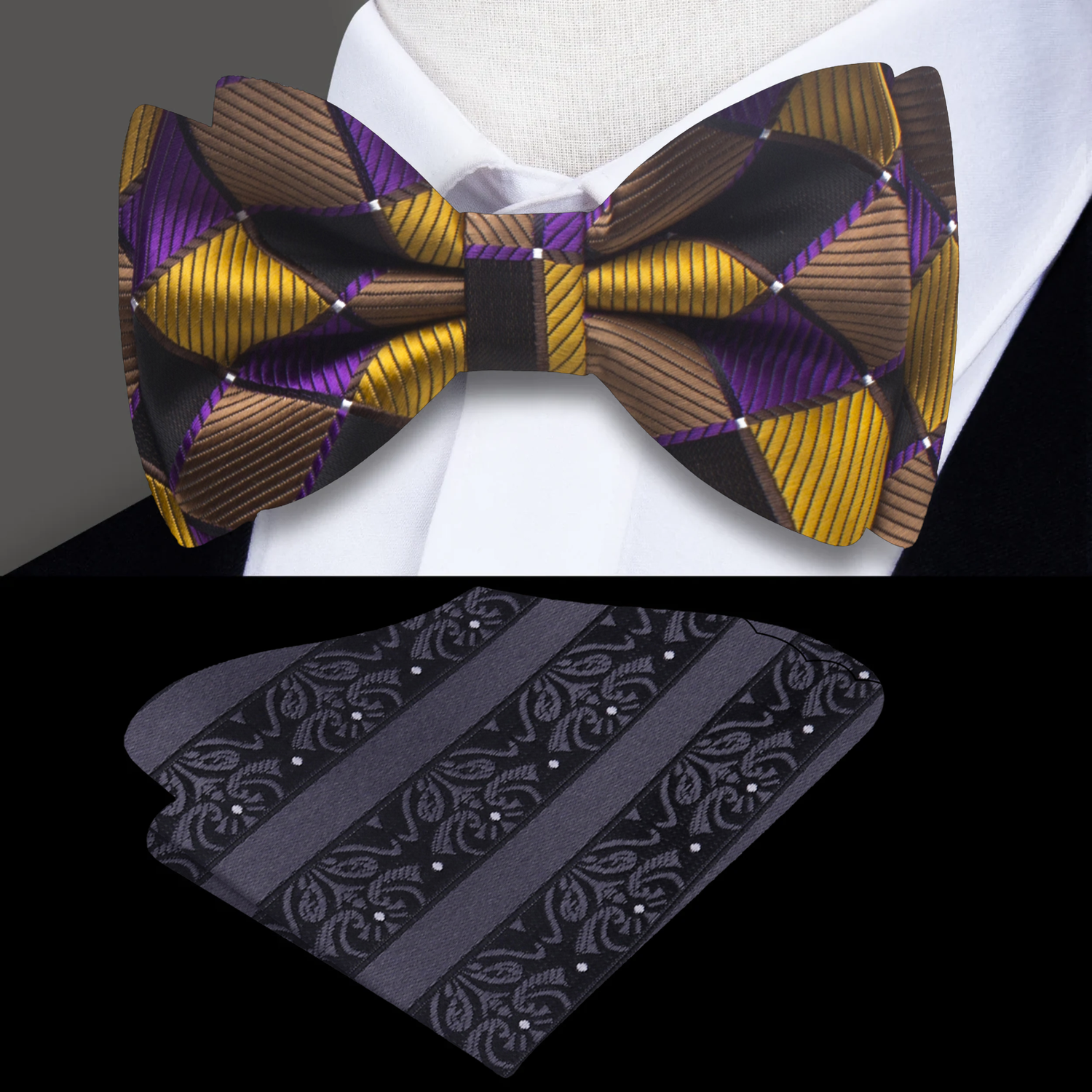 Gold Purple Fast Break Check Bow Tie and Accenting Square