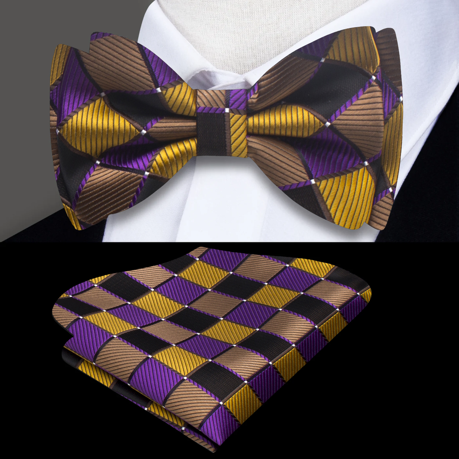 Gold Purple Fast Break Check Bow Tie and Square