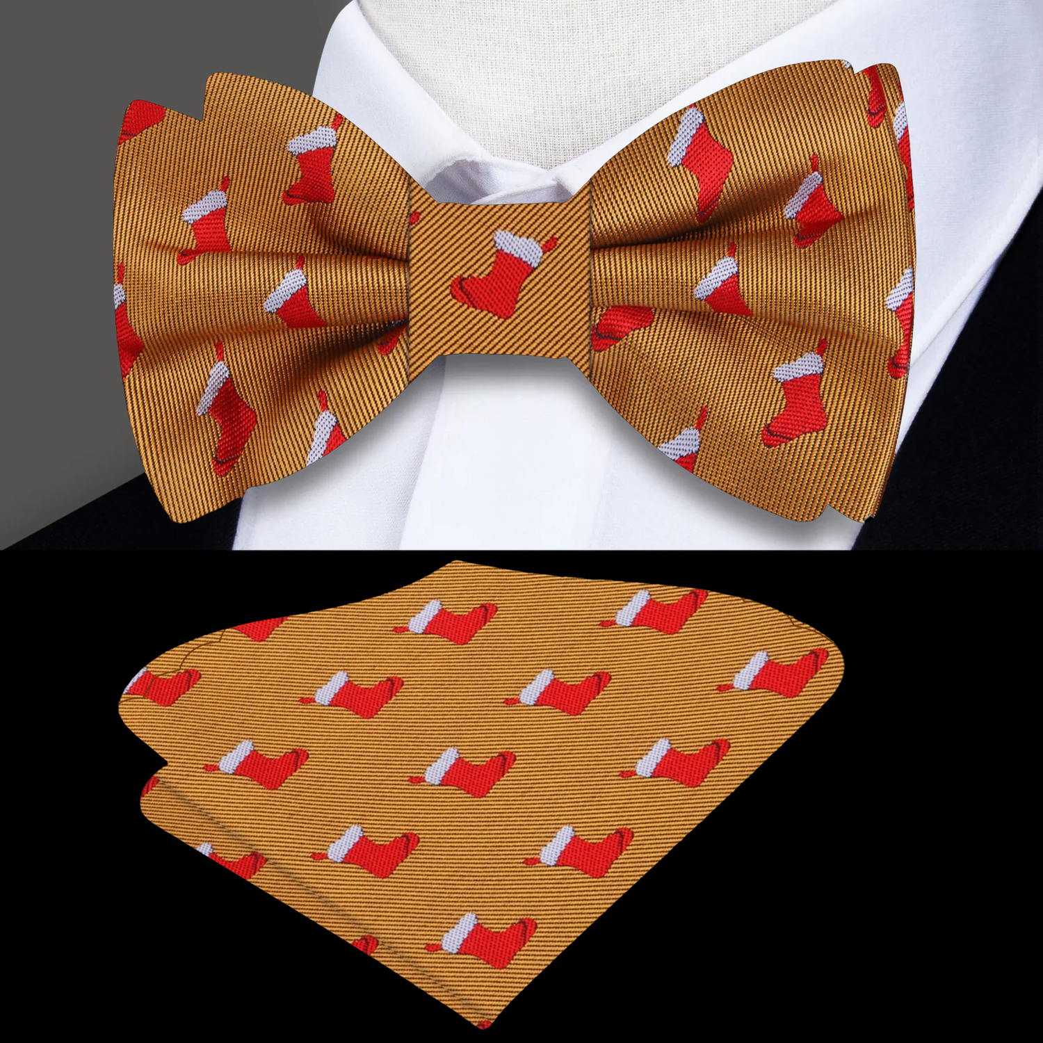 Gold Red Stockings Bow Tie and Square