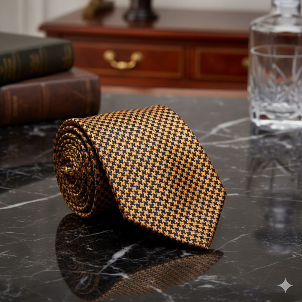 Boys Rich Metallic Gold & Black Micro Houndstooth Necktie