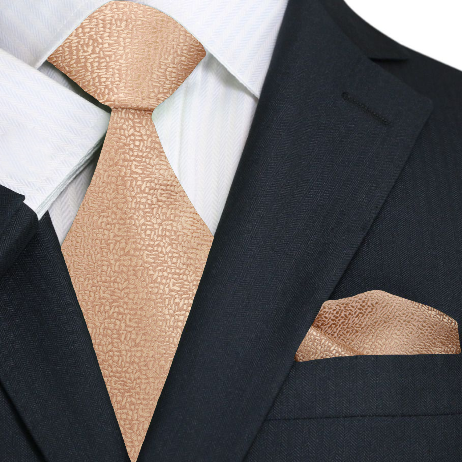 A Solid Golden Shimmer Pattern Necktie, Matching Pocket Square||Gold