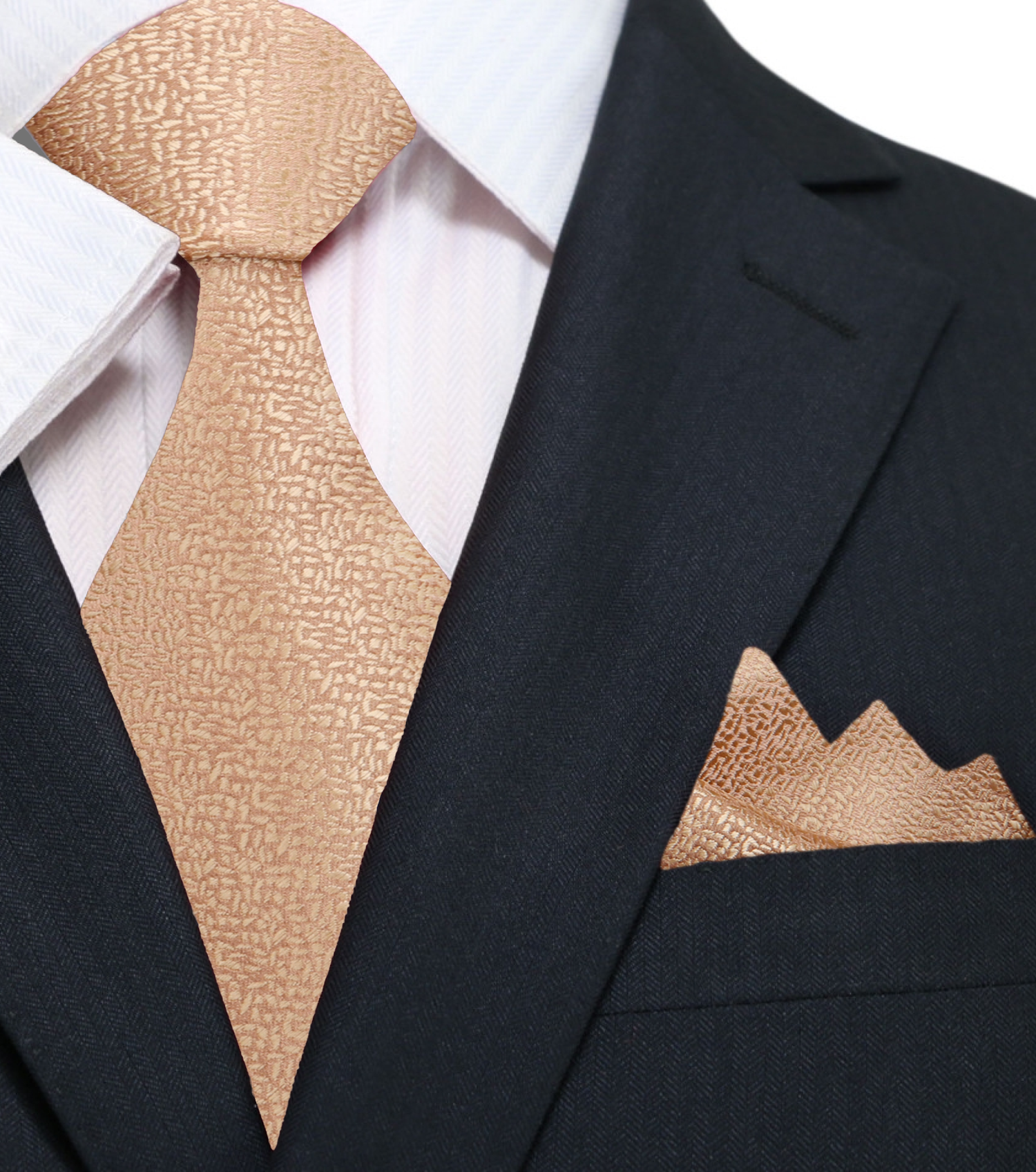 A Solid Golden Shimmer Pattern Silk Necktie, Matching Pocket Square||Gold