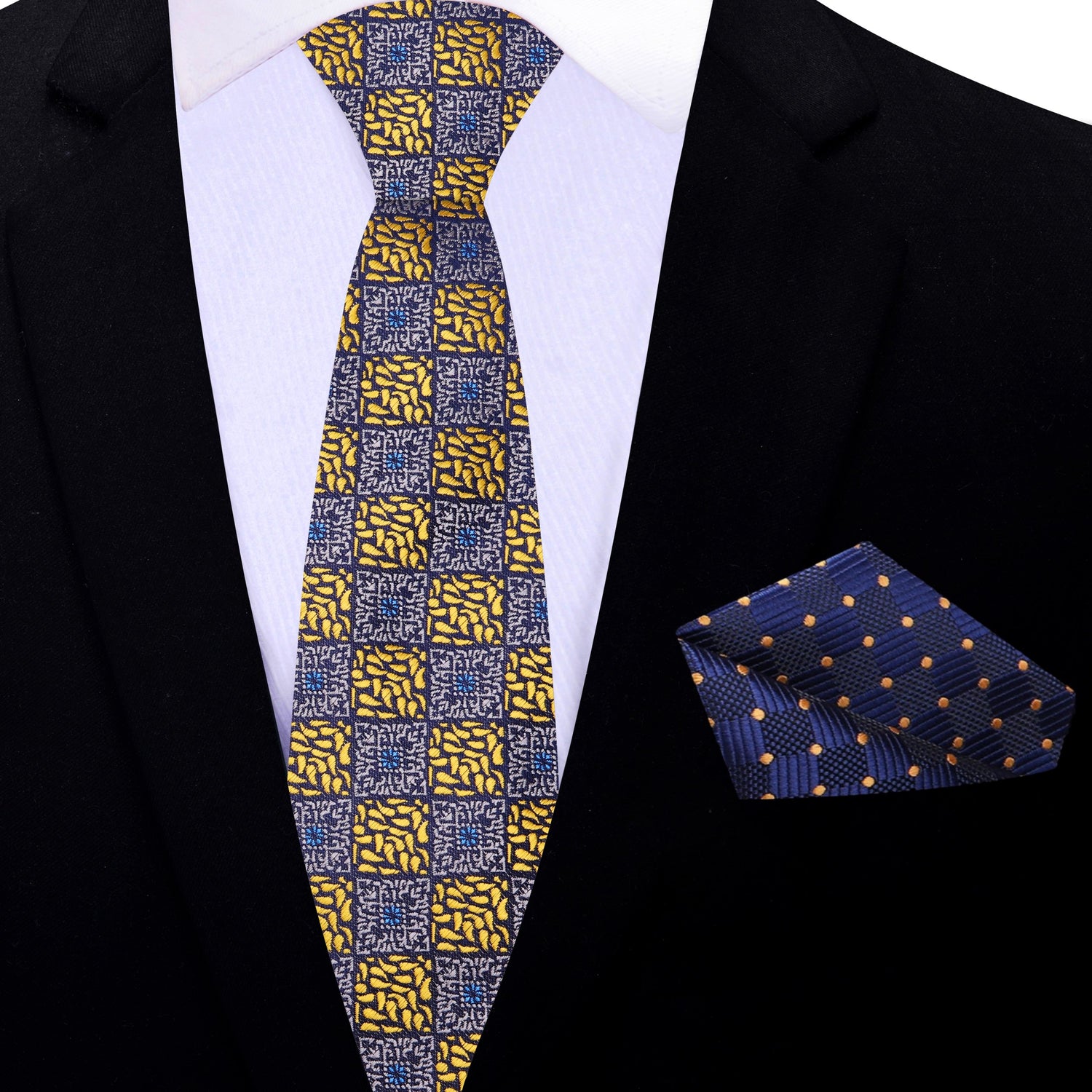 Thin: Grey and Gold Geometric Necktie and Accenting Square