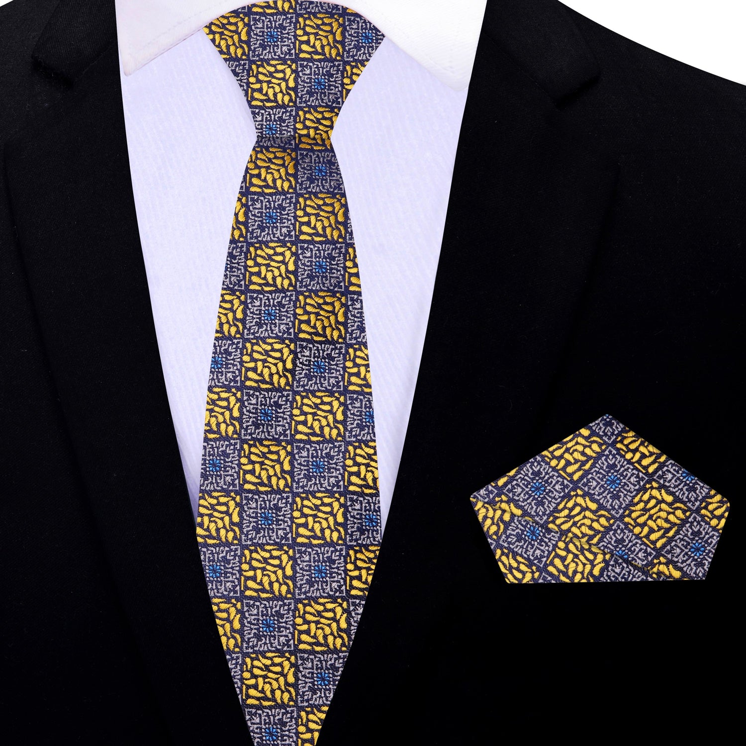 Thin Tie: Grey and Gold Geometric Necktie and Square