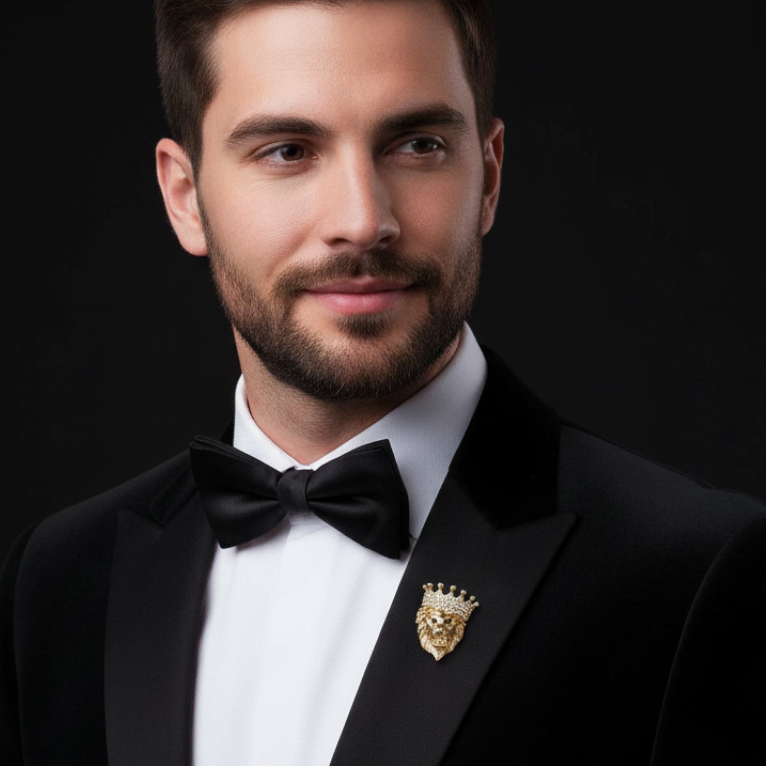 Man wearing a black tuxedo with a bow tie and lion emblem on a dark background