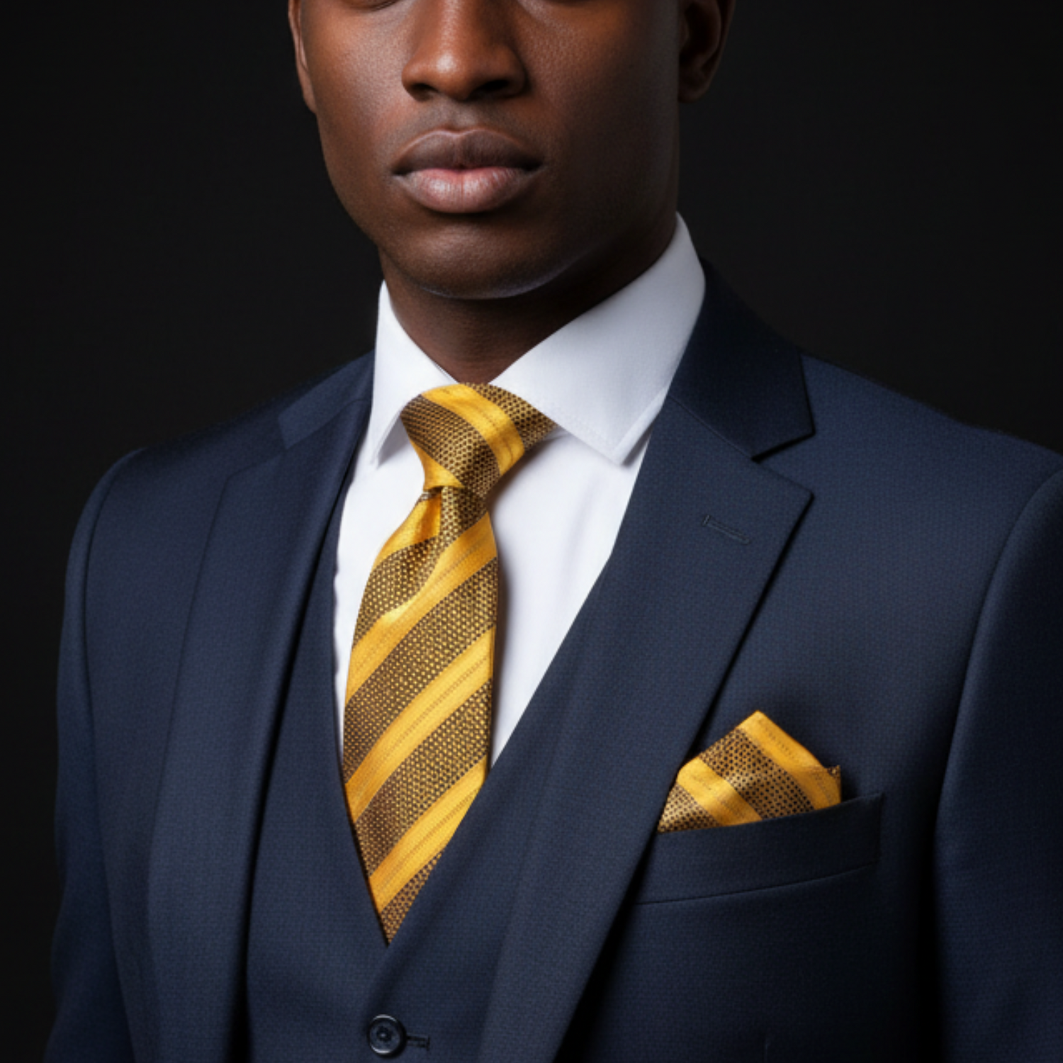 Yellow Gold Stripe Tie and Square on man with suit