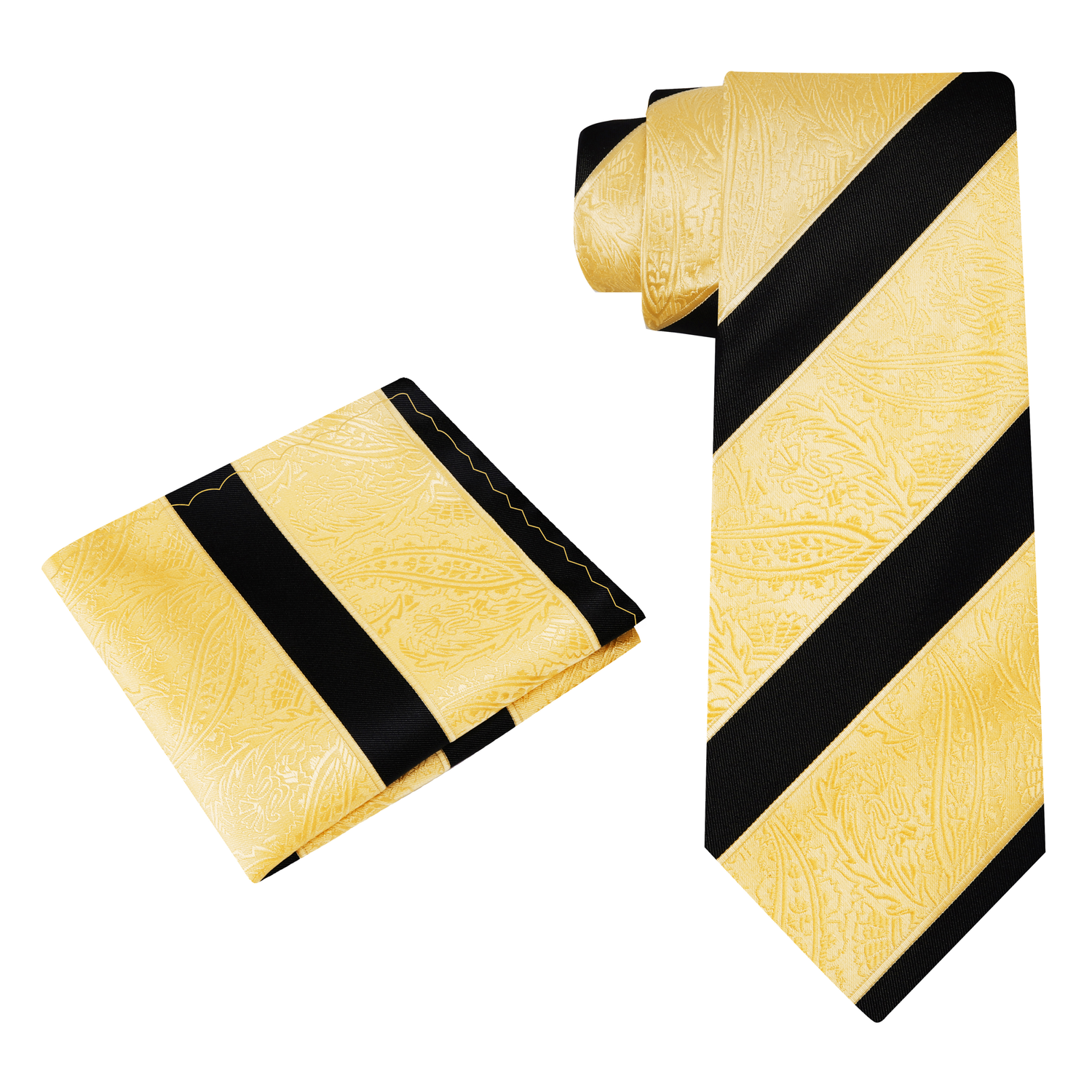 Gold and Black Stripe and Paisley Necktie and Square