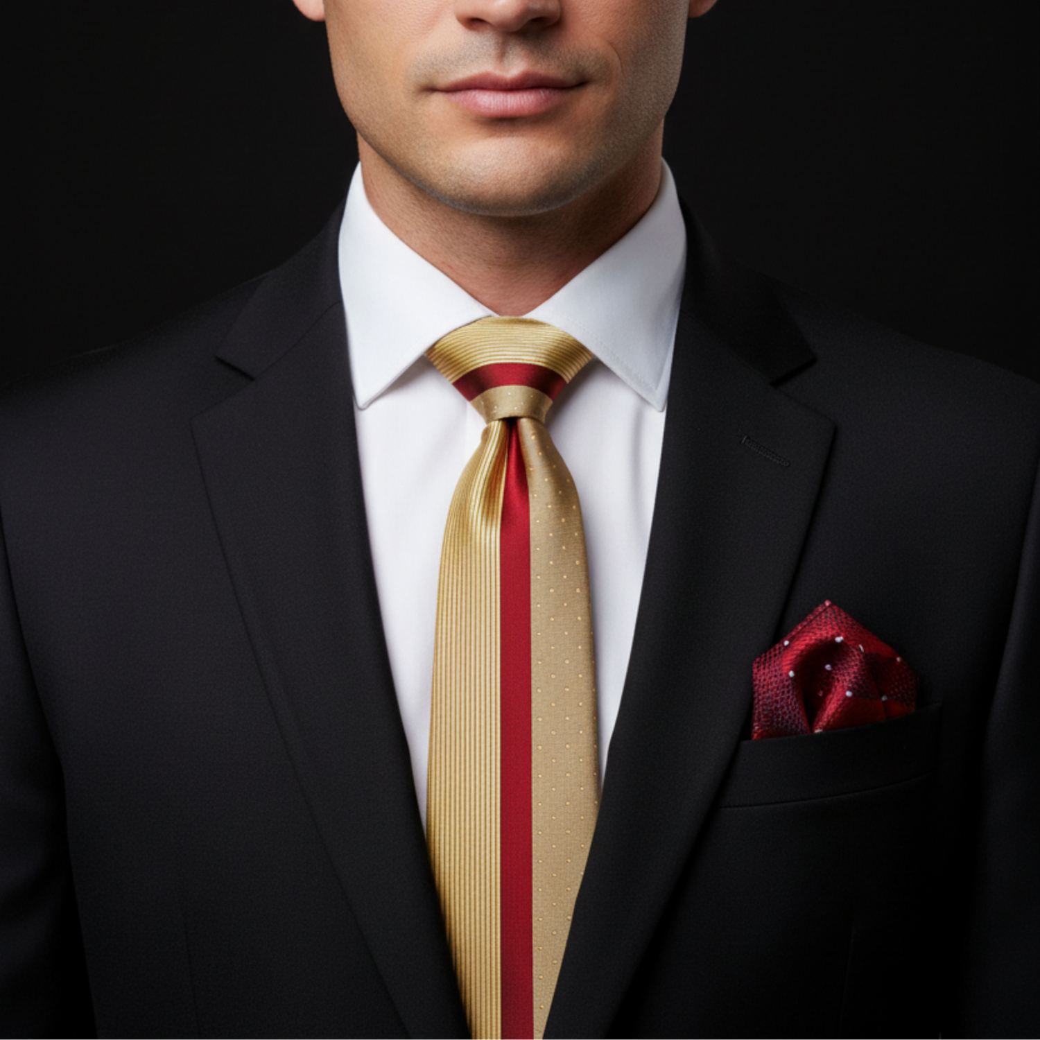 Man wearing a black suit with a red and gold tie and pocket square against a dark background