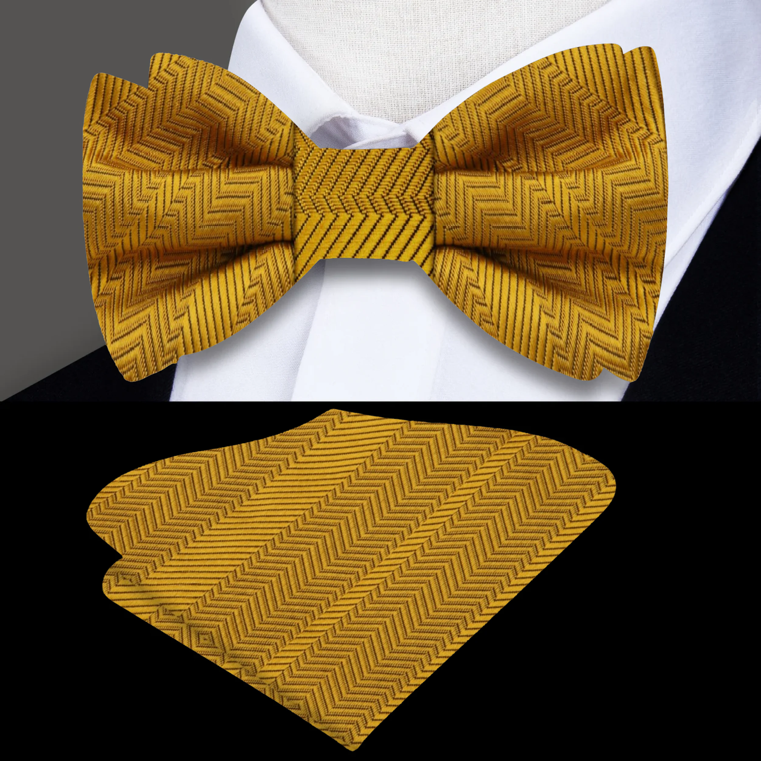 A Golden Amber Solid Pattern Self Tie Bow Tie, Matching Pocket Square