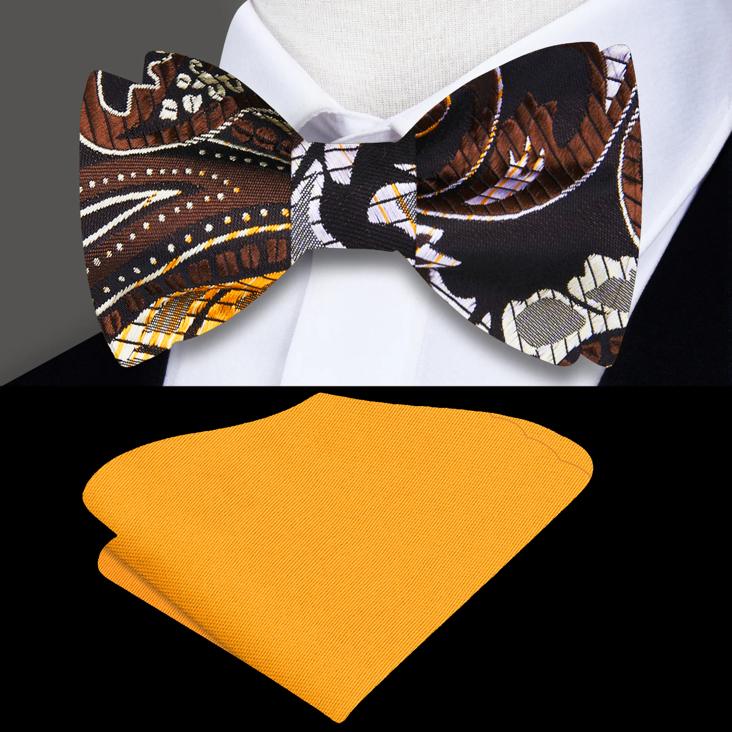 Main View: A Brown, Yellow Paisley Pattern Silk Self Tie Bow Tie, With Bright Gold Pocket Square