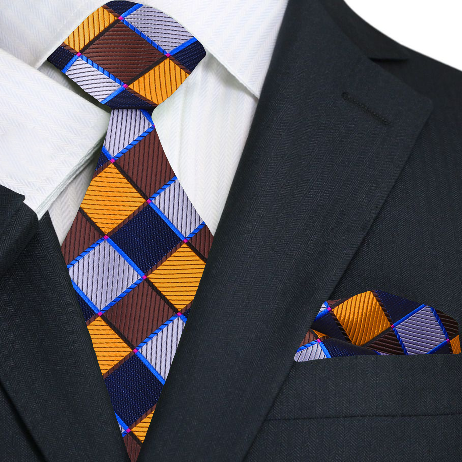 A Gold, Brown, Blue, Grey Geometric Check Pattern Necktie With Matching Pocket Square