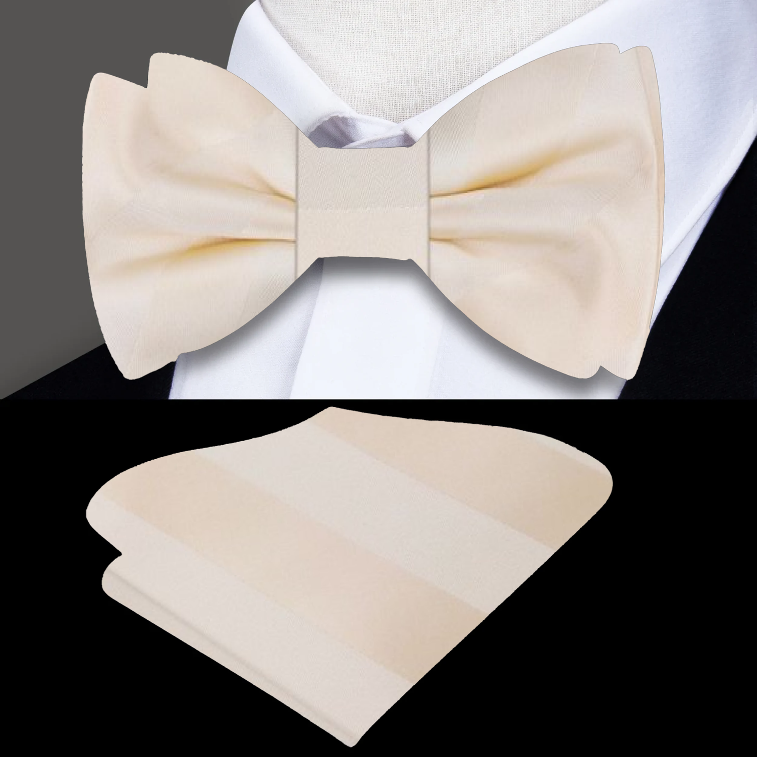 Golden Pearl Block Stripe Bow Tie and Pocket Square||Golden Pearl