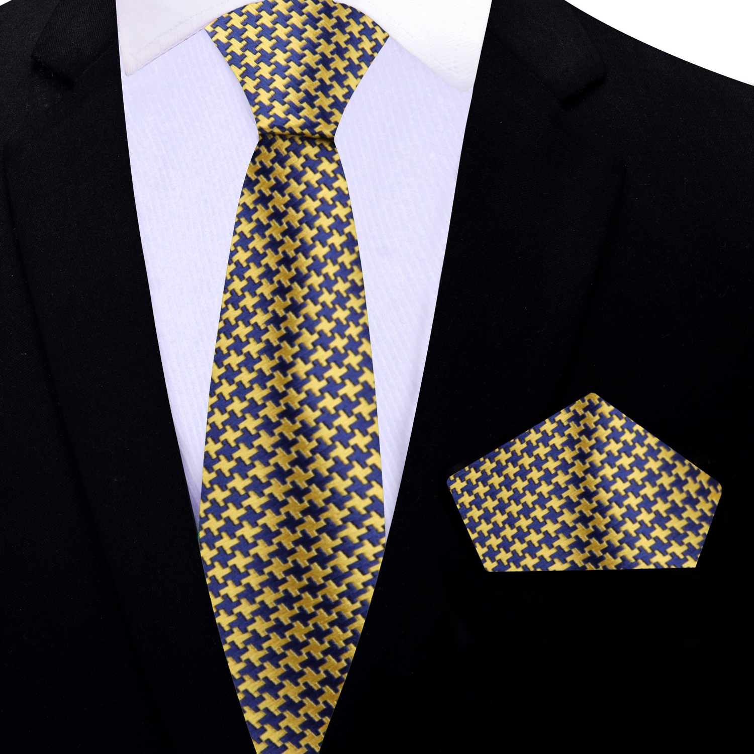 Thin Tie: Gold and Blue Hounds Tooth Necktie and Square