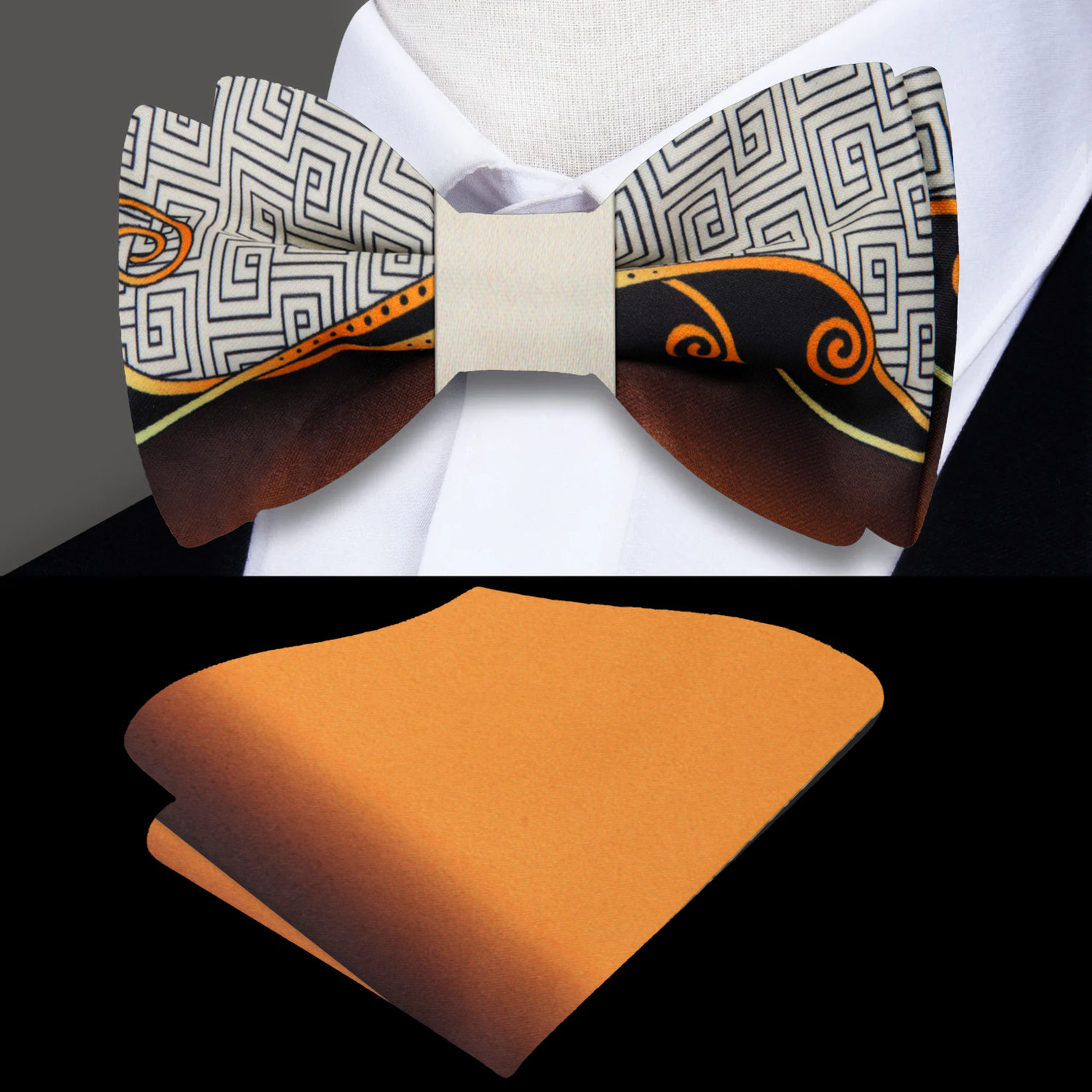 Brown, Gold Abstract Bow Tie and Pocket Square