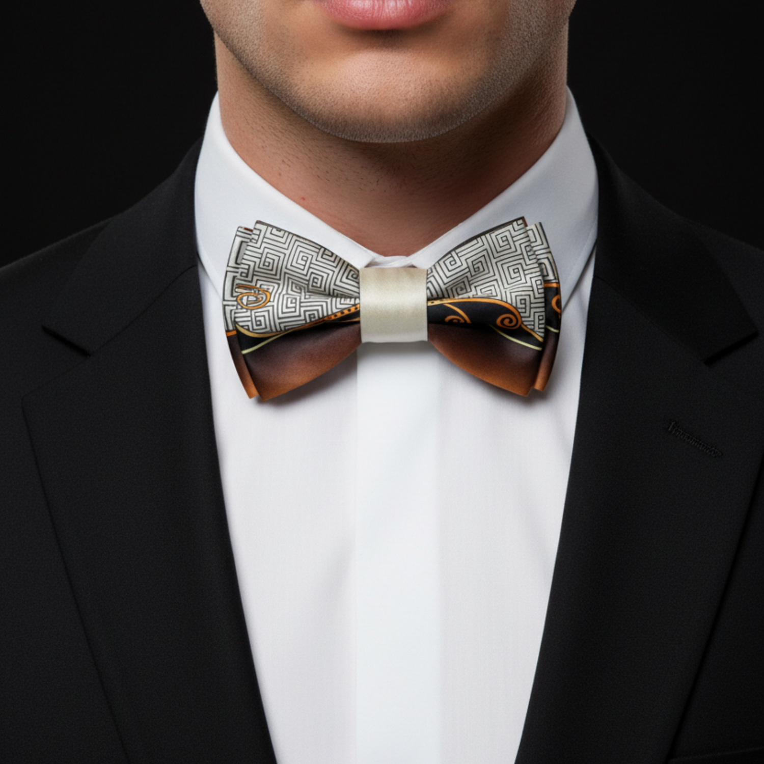 Man wearing a black suit with a white shirt and a decorative bow tie on a dark background