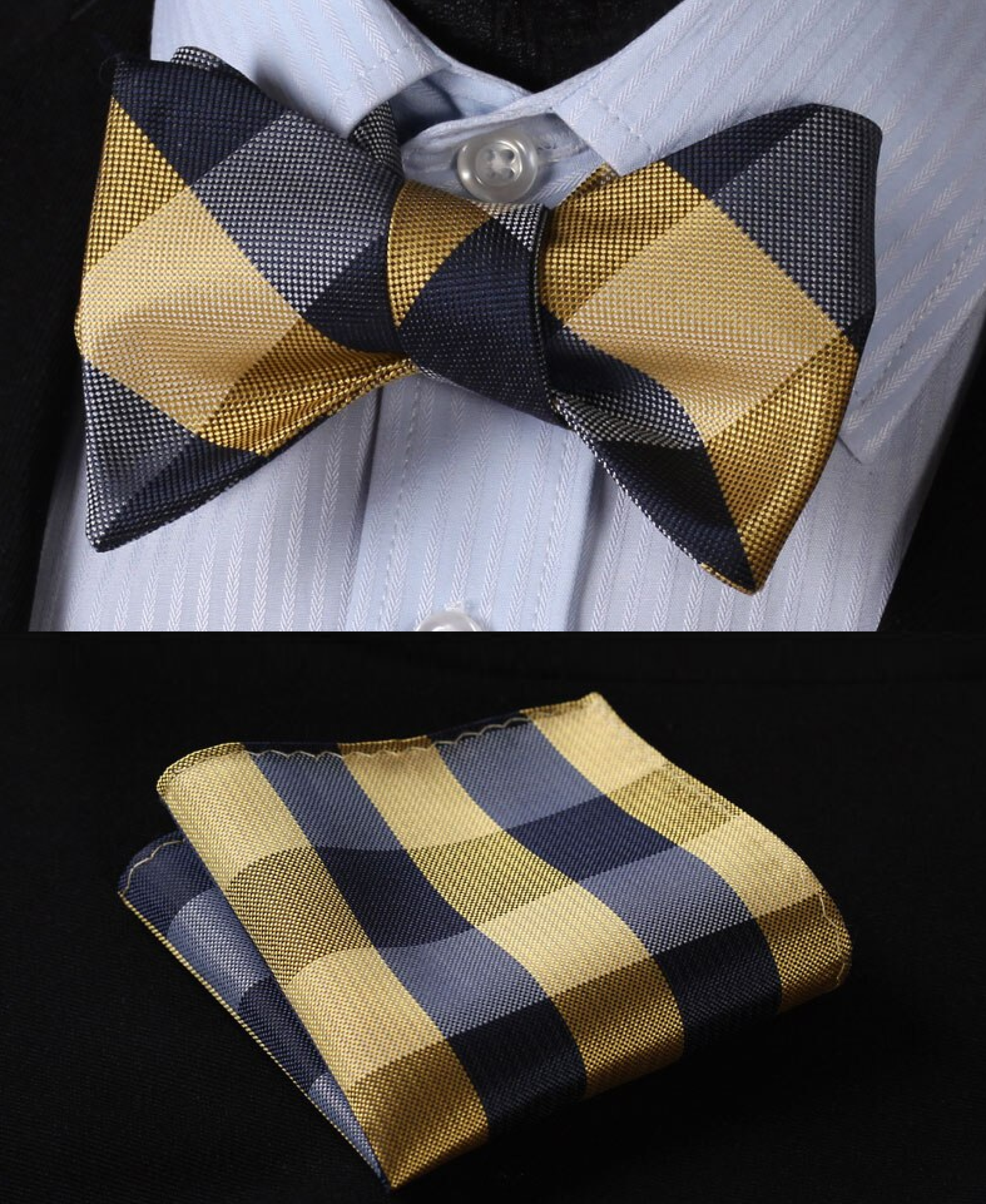 Golden Yellow and Deep Blue Plaid Bow Tie and Pocket Square