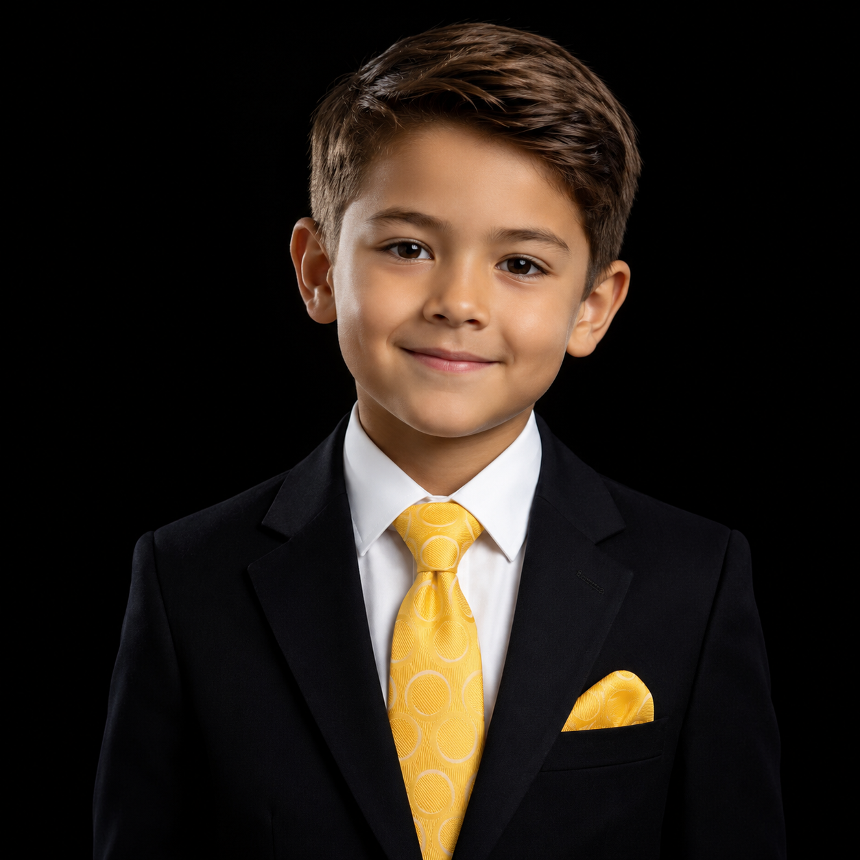 A young boy with brown hair wearing a black suit, white dress shirt, and a bright yellow patterned tie with a matching yellow pocket square, set against a solid black background.