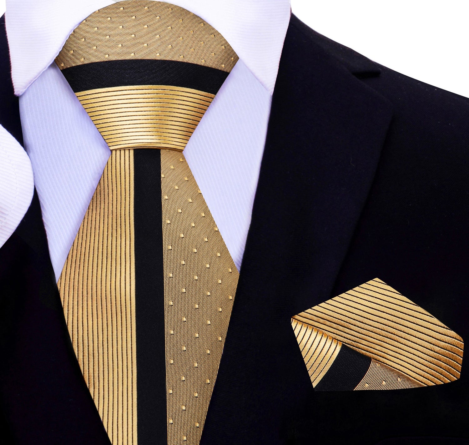 Gold with Black Stripe Adagio Necktie and Matching Pocket Square