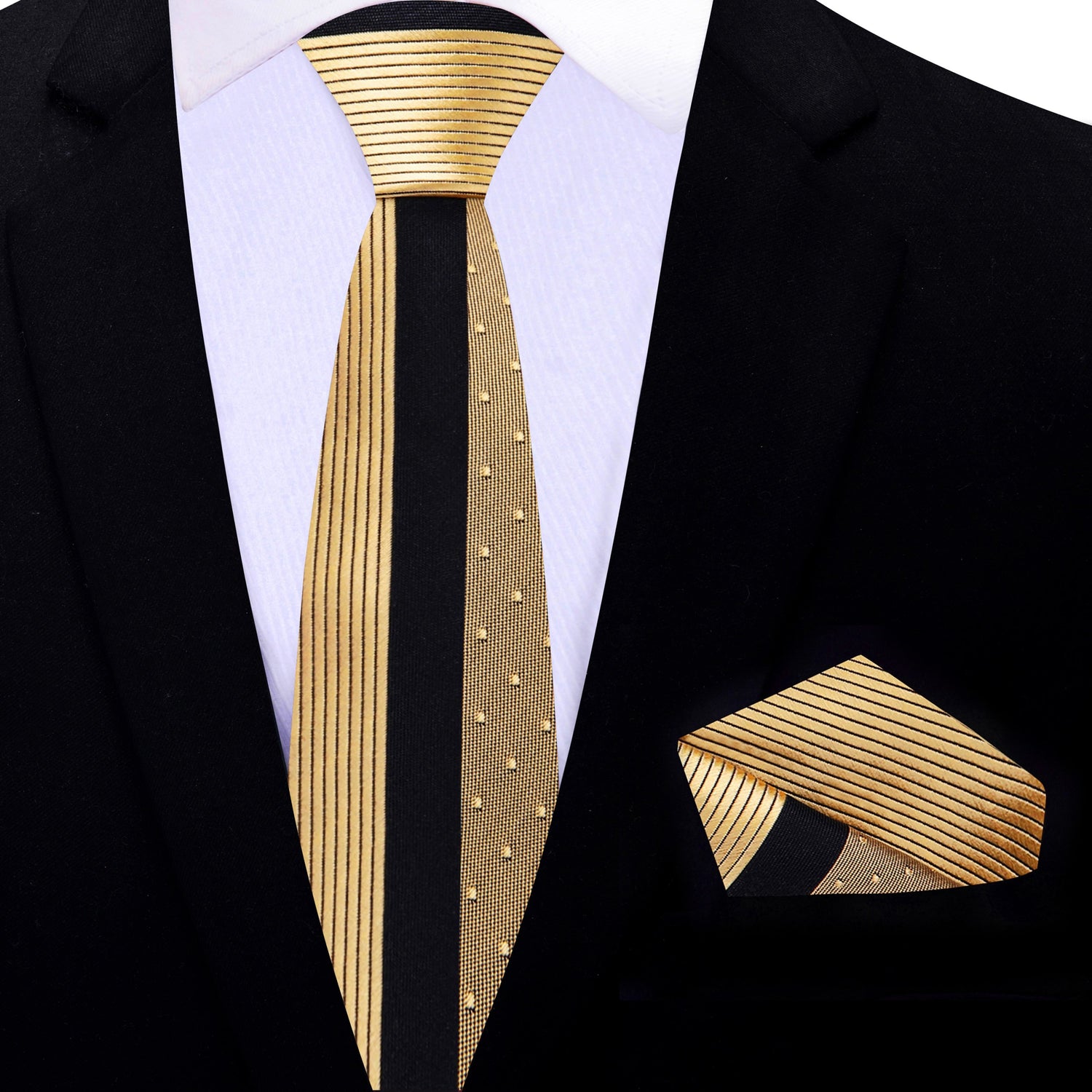 Gold with Black Stripe Adagio Thin Necktie and Matching Pocket Square
