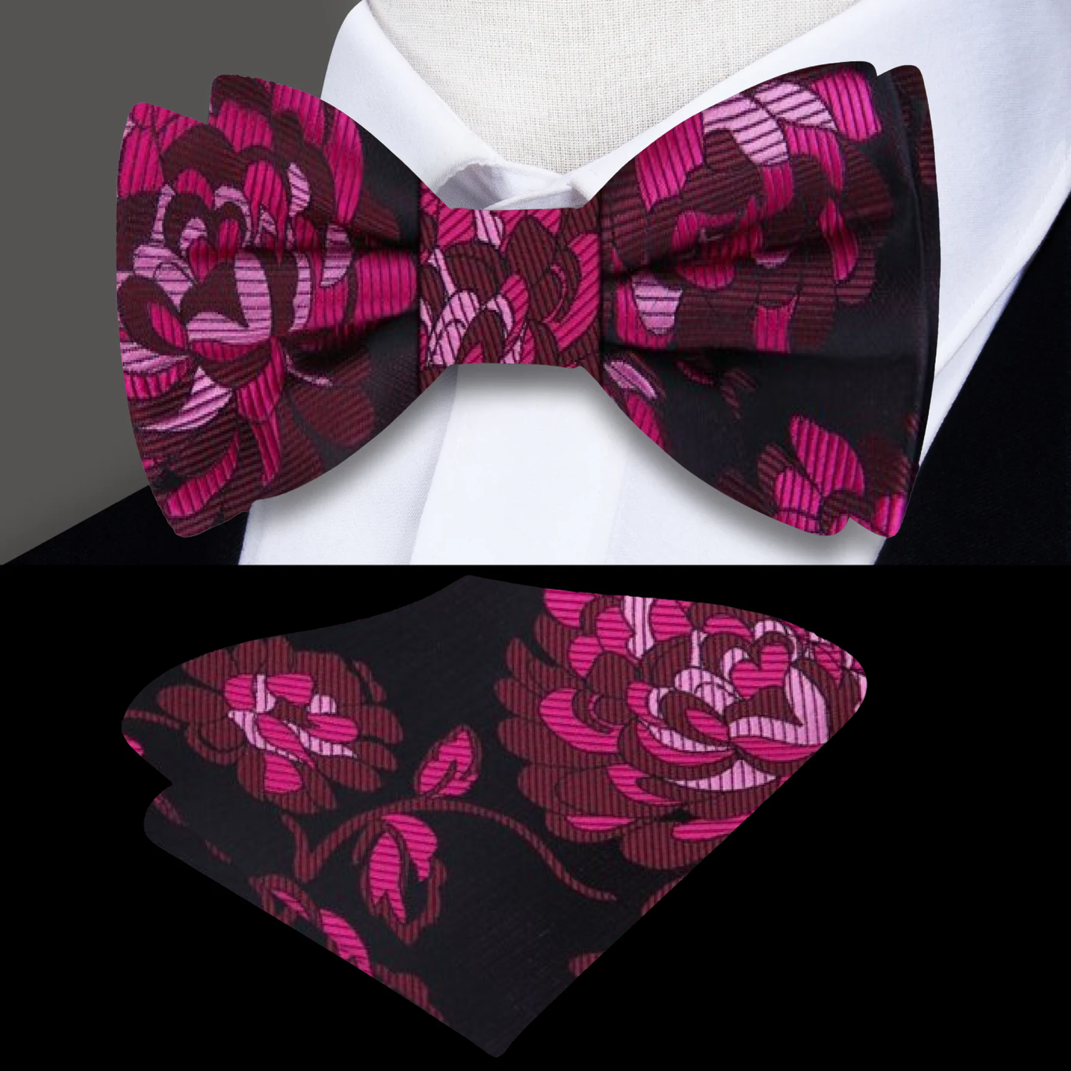 Sangria, Pink and Burgundy Large Flowers Bow Tie And Pocket Square||Sangria