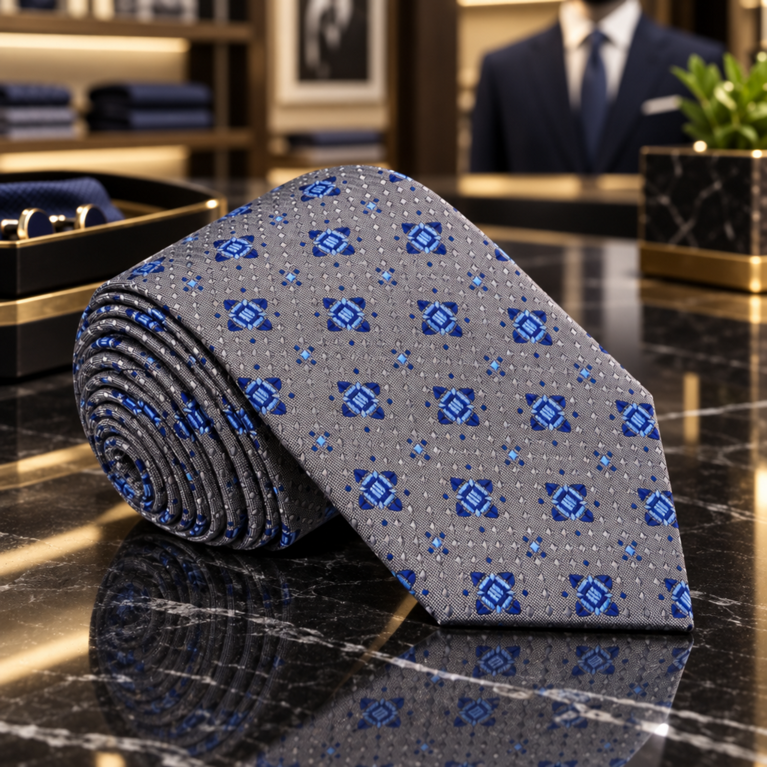 Grey Blue Geometric Tie