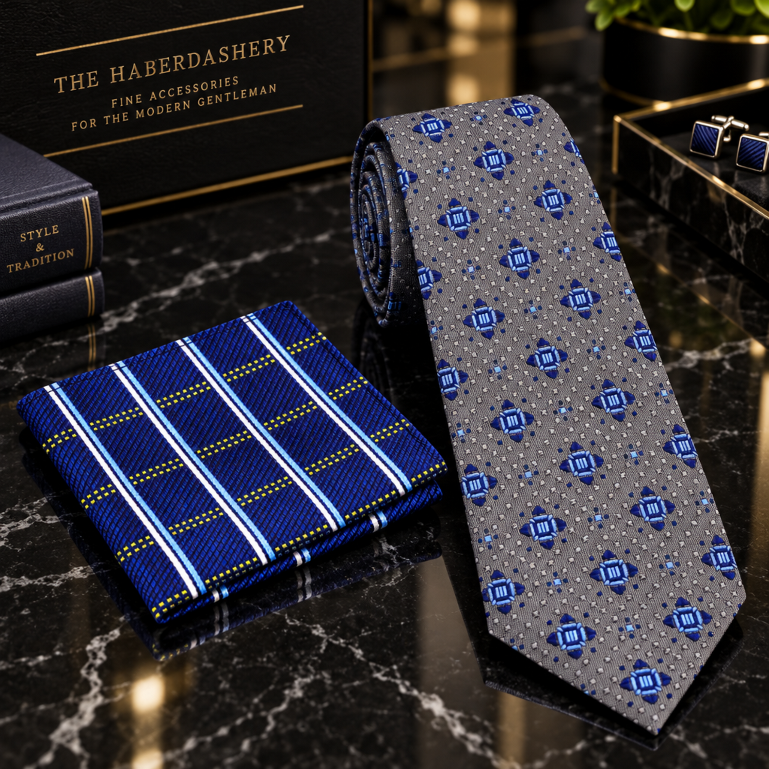 Grey Blue Geometric Tie and Accenting square