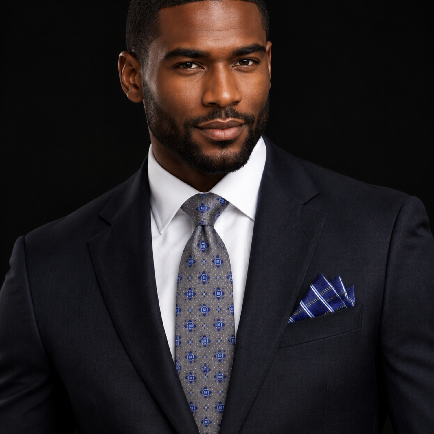 Gray Necktie with Blue Geometric Medallions