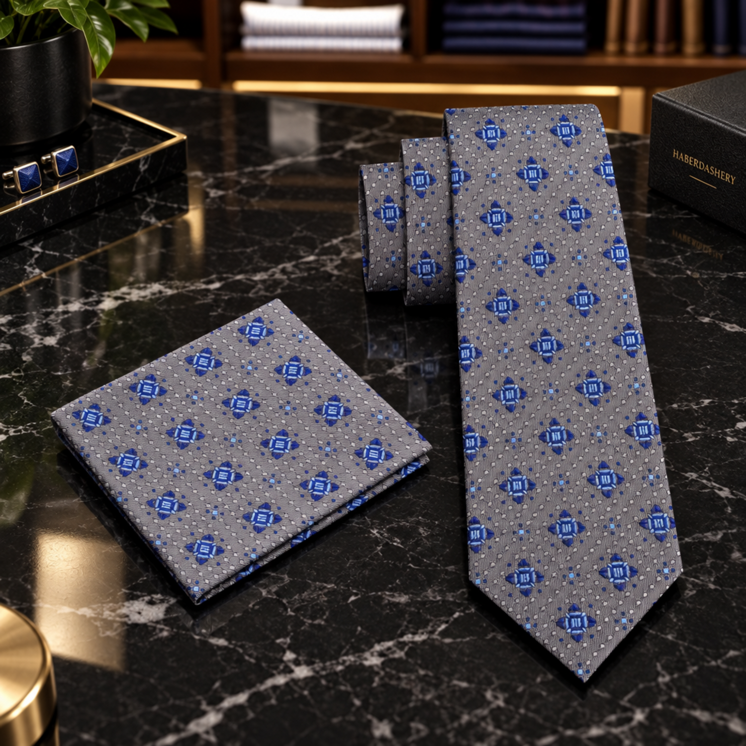 Grey Blue Geometric Tie and square